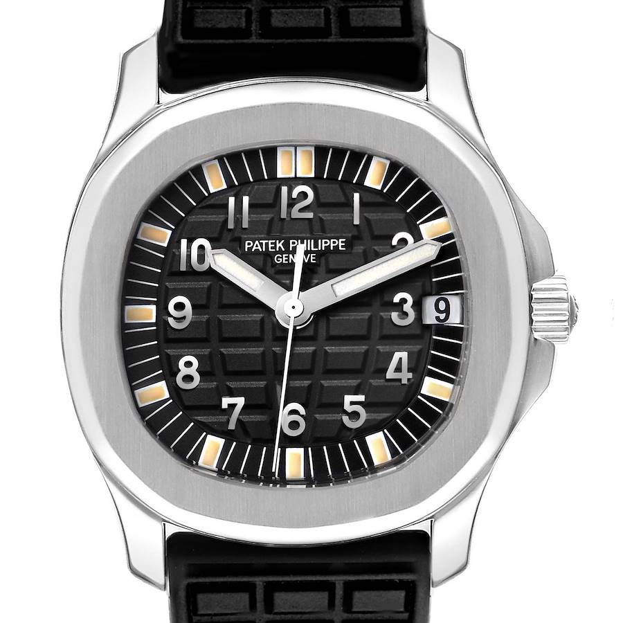 The Patek Philippe Aquanaut watch is shown from the front, featuring the dial, bezel, and a portion of the strap.