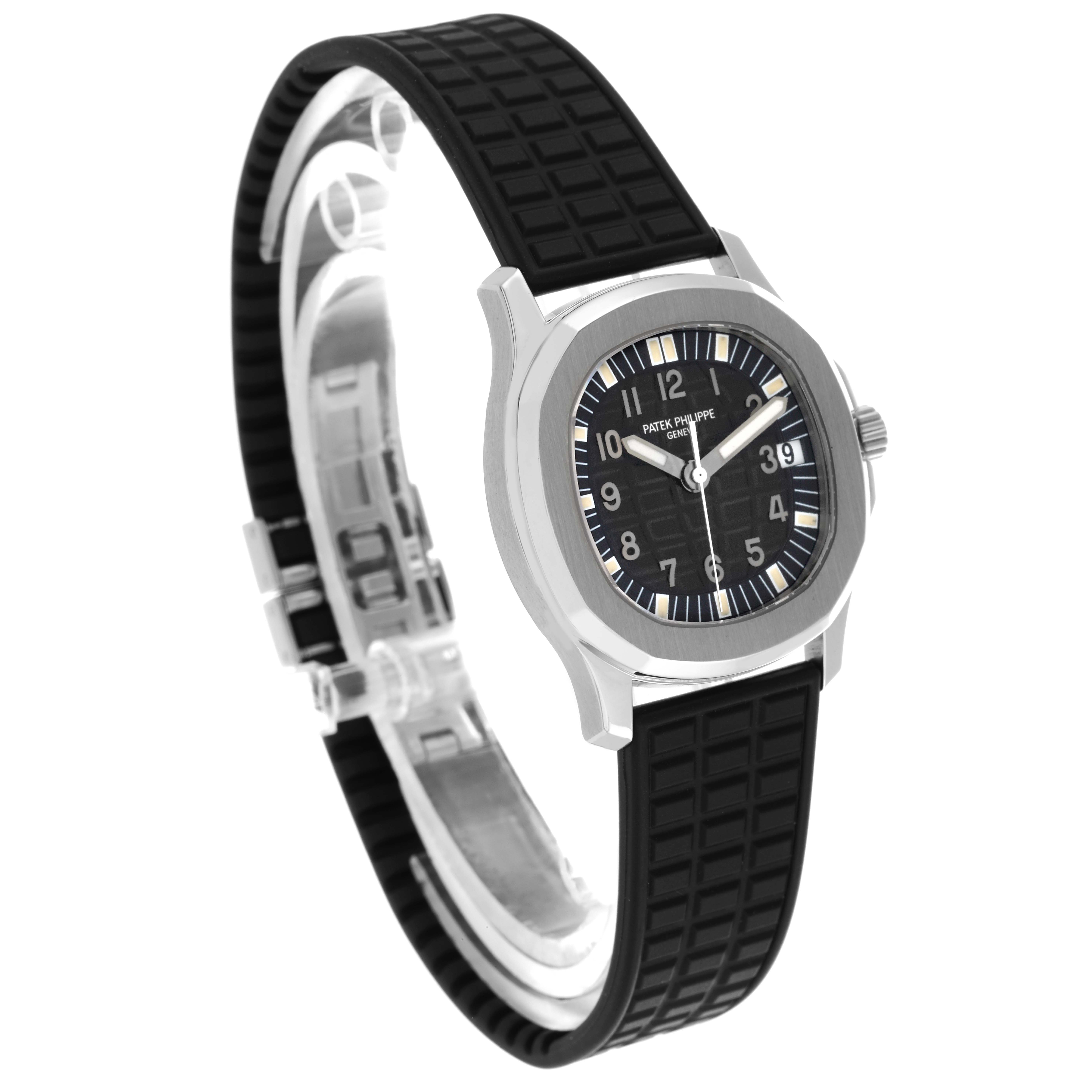 The Patek Philippe Aquanaut 5066A Men's Stainless Steel Black Dial 5066A Men's Stainless Steel Black Dial watch is shown in a side angle, displaying the dial, bezel, and rubber strap.