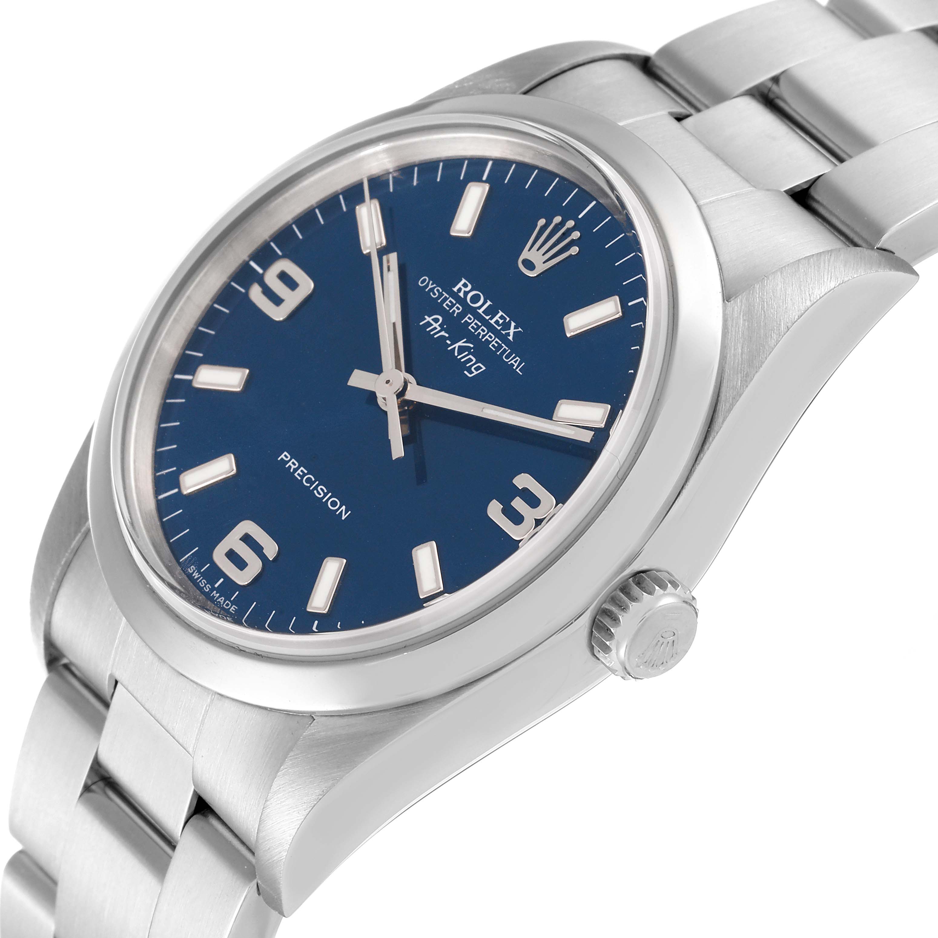The photo shows a close-up of the face and crown of a Rolex Air-King 14000 Men's Stainless Steel Blue Dial 14000 Men's Stainless Steel Blue Dial watch with a blue dial and stainless steel bracelet.