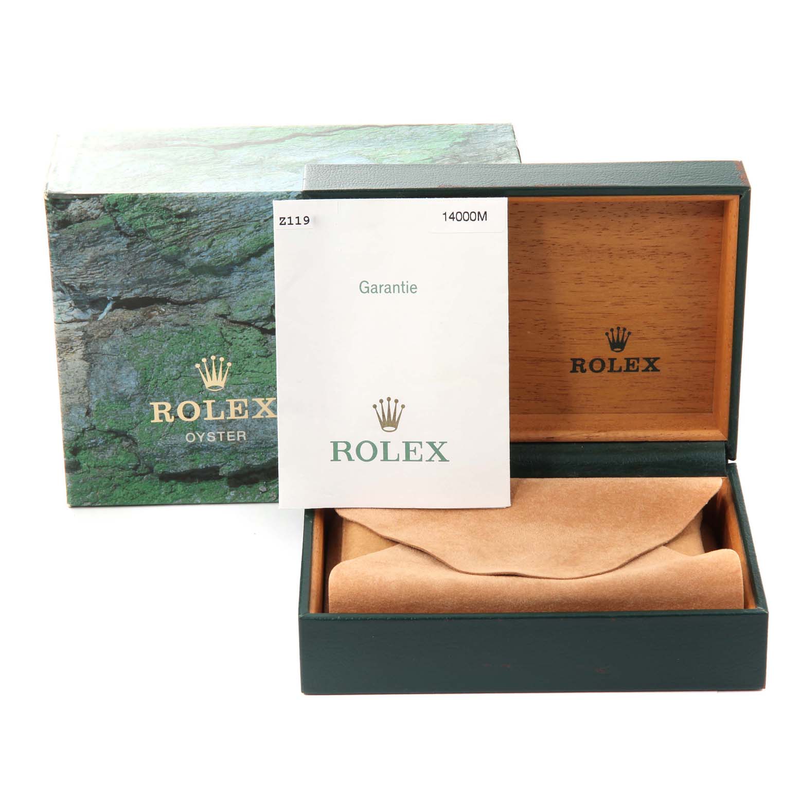 The image shows a Rolex Air-King 14000 Men's Stainless Steel Blue Dial 14000 Men's Stainless Steel Blue Dial watch box, warranty card, and outer packaging, viewed from the front.