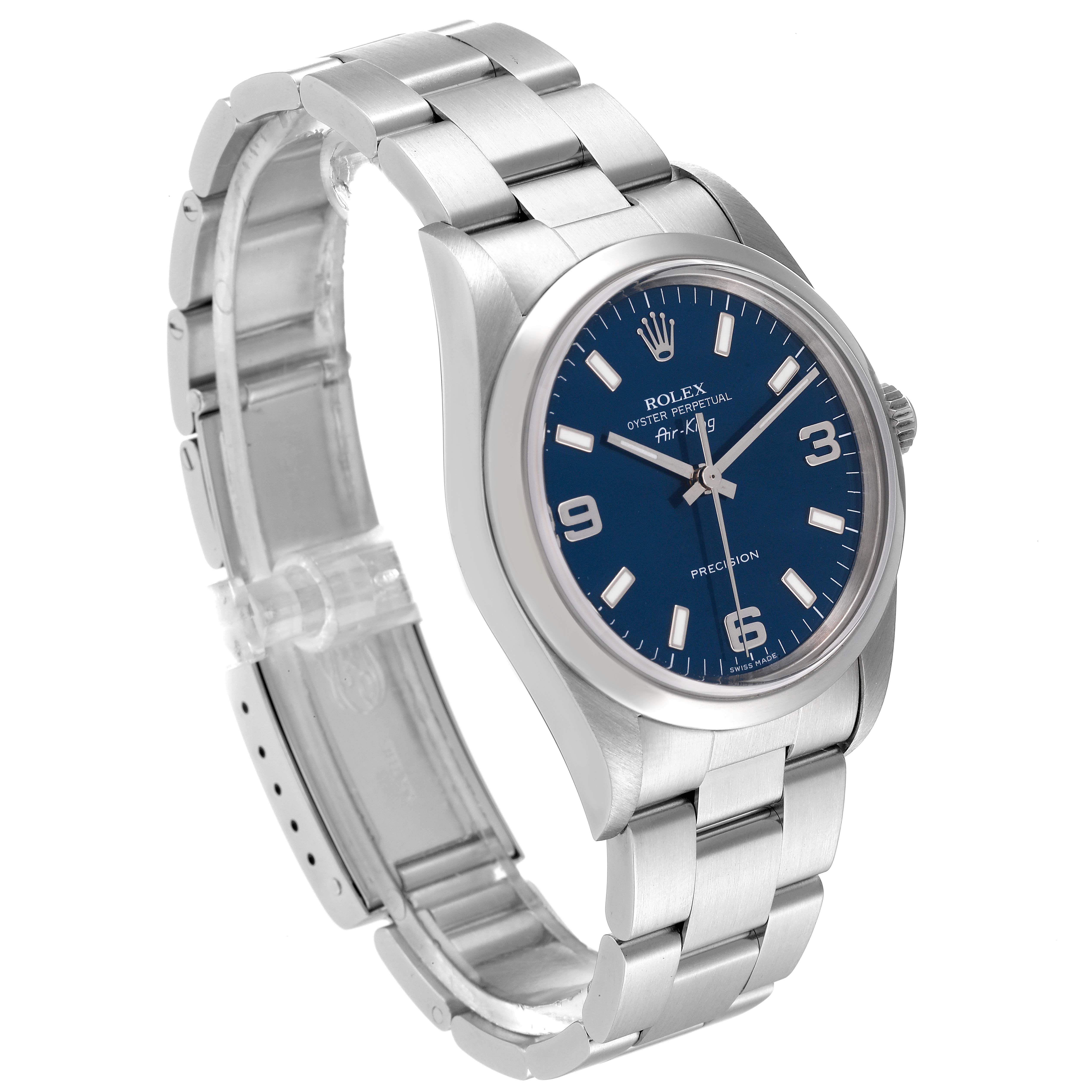 The Rolex Air-King 14000 Men's Stainless Steel Blue Dial 14000 Men's Stainless Steel Blue Dial watch is shown from a three-quarter angle, displaying the blue dial, stainless steel case, and bracelet.