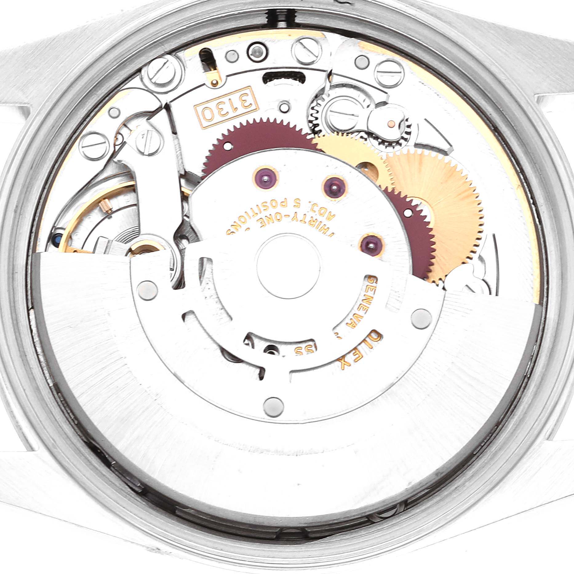 This is an internal movement view of a Rolex Air-King 14000 Men's Stainless Steel Blue Dial 14000 Men's Stainless Steel Blue Dial watch, showcasing the mechanics, gears, and rotor.