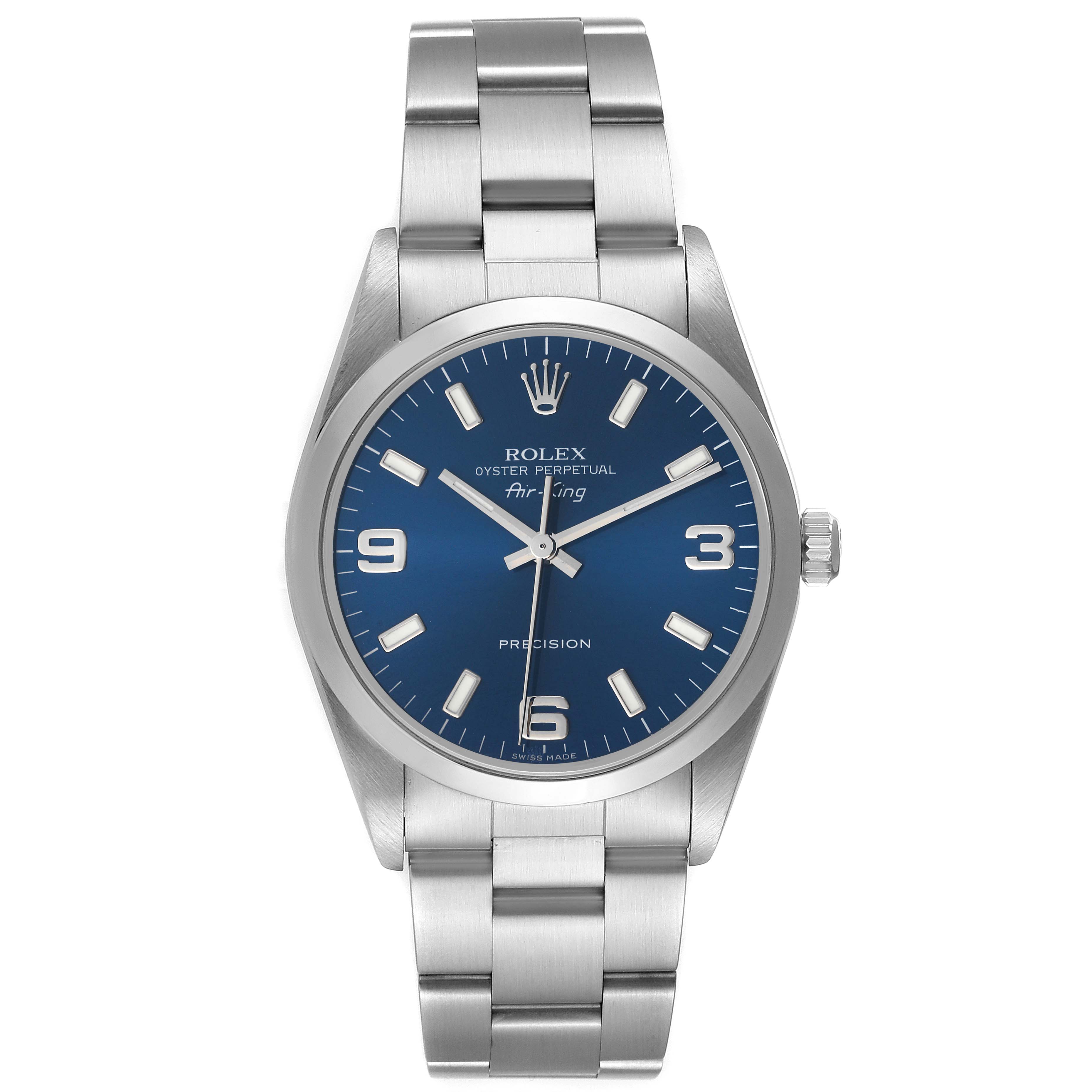 The image shows a front view of the Rolex Air-King 14000 Men's Stainless Steel Blue Dial 14000 Men's Stainless Steel Blue Dial watch, highlighting its blue dial, stainless steel case, and bracelet.