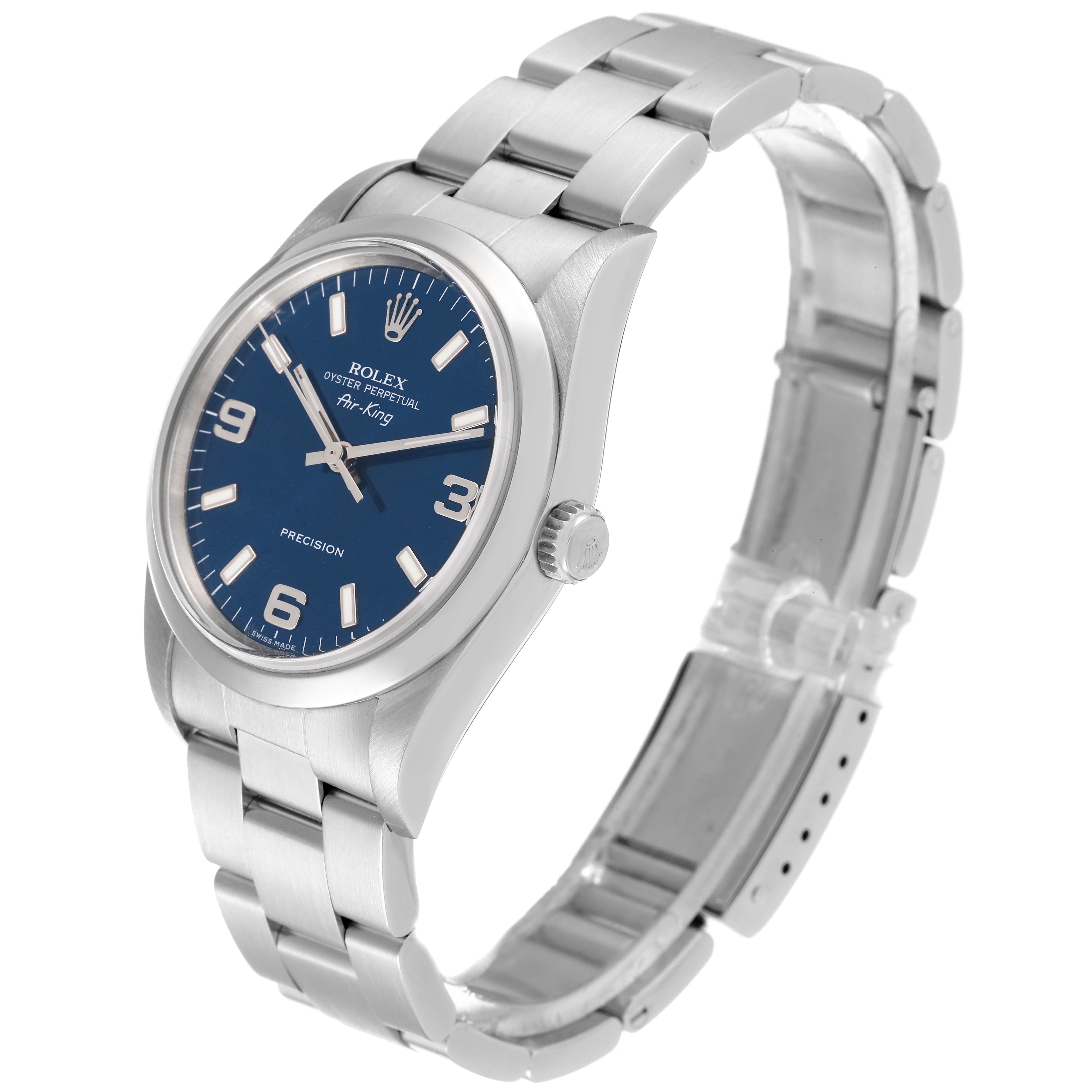 This image shows a side-angle view of the Rolex Air-King 14000 Men's Stainless Steel Blue Dial 14000 Men's Stainless Steel Blue Dial watch, highlighting the blue dial, bracelet, and crown.
