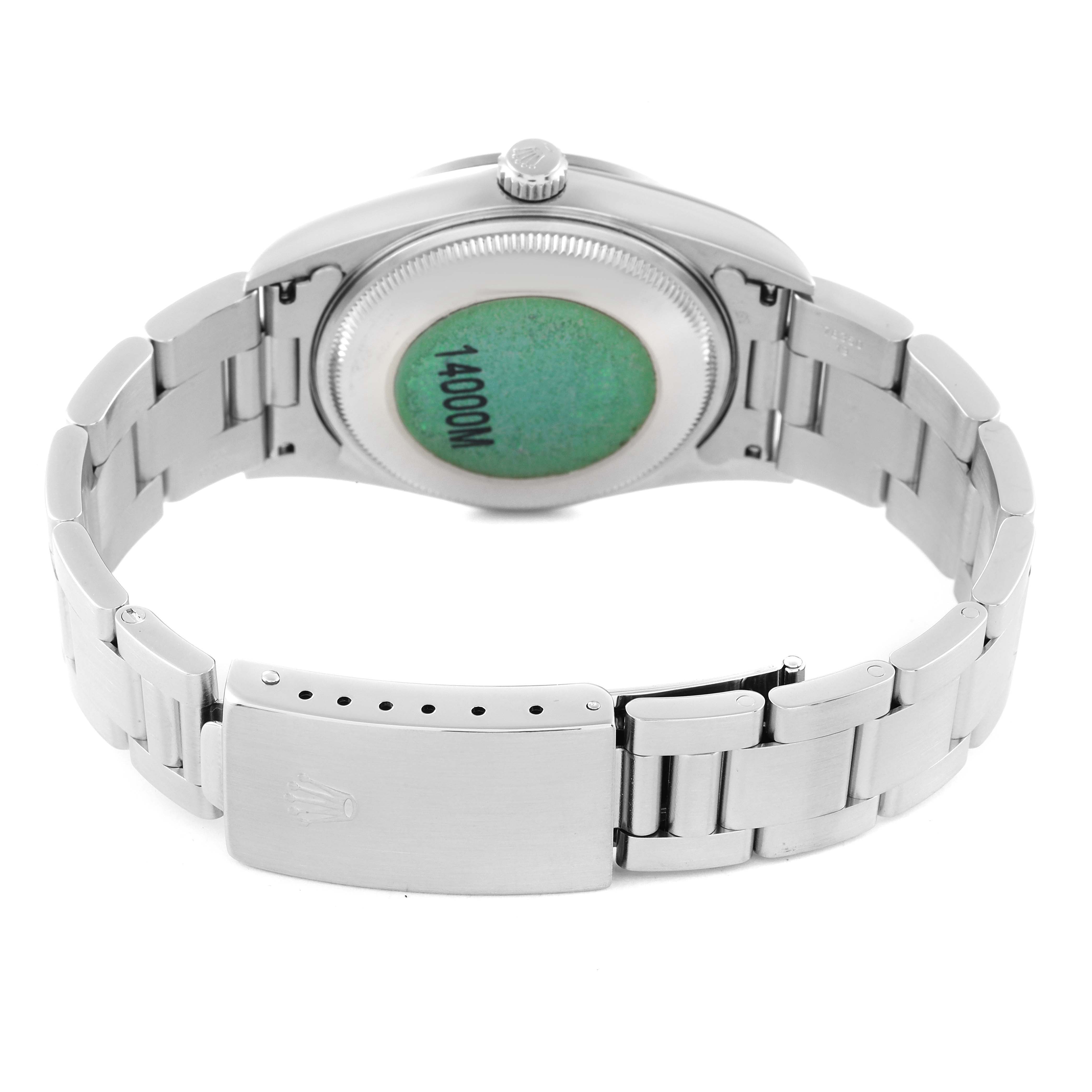 This image shows the back view of the Rolex Air-King 14000 Men's Stainless Steel Blue Dial 14000 Men's Stainless Steel Blue Dial watch, highlighting the clasp, bracelet, and case back.