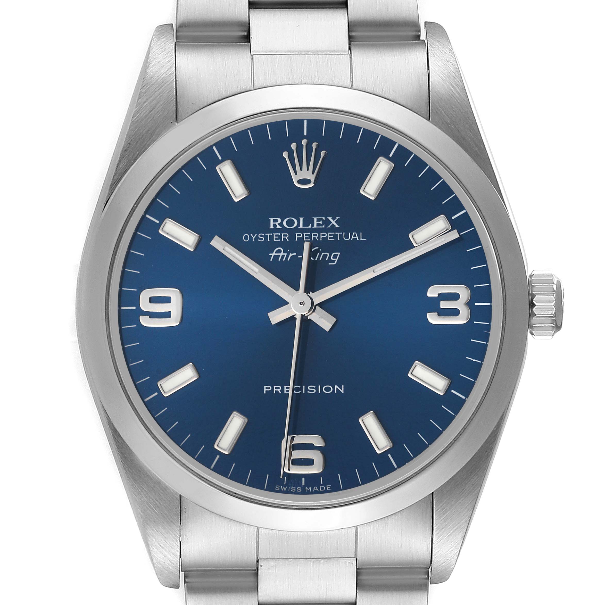 The image shows a front view of the Rolex Air-King 14000 Men's Stainless Steel Blue Dial 14000 Men's Stainless Steel Blue Dial watch, highlighting its dial, bezel, crown, and a portion of the bracelet.