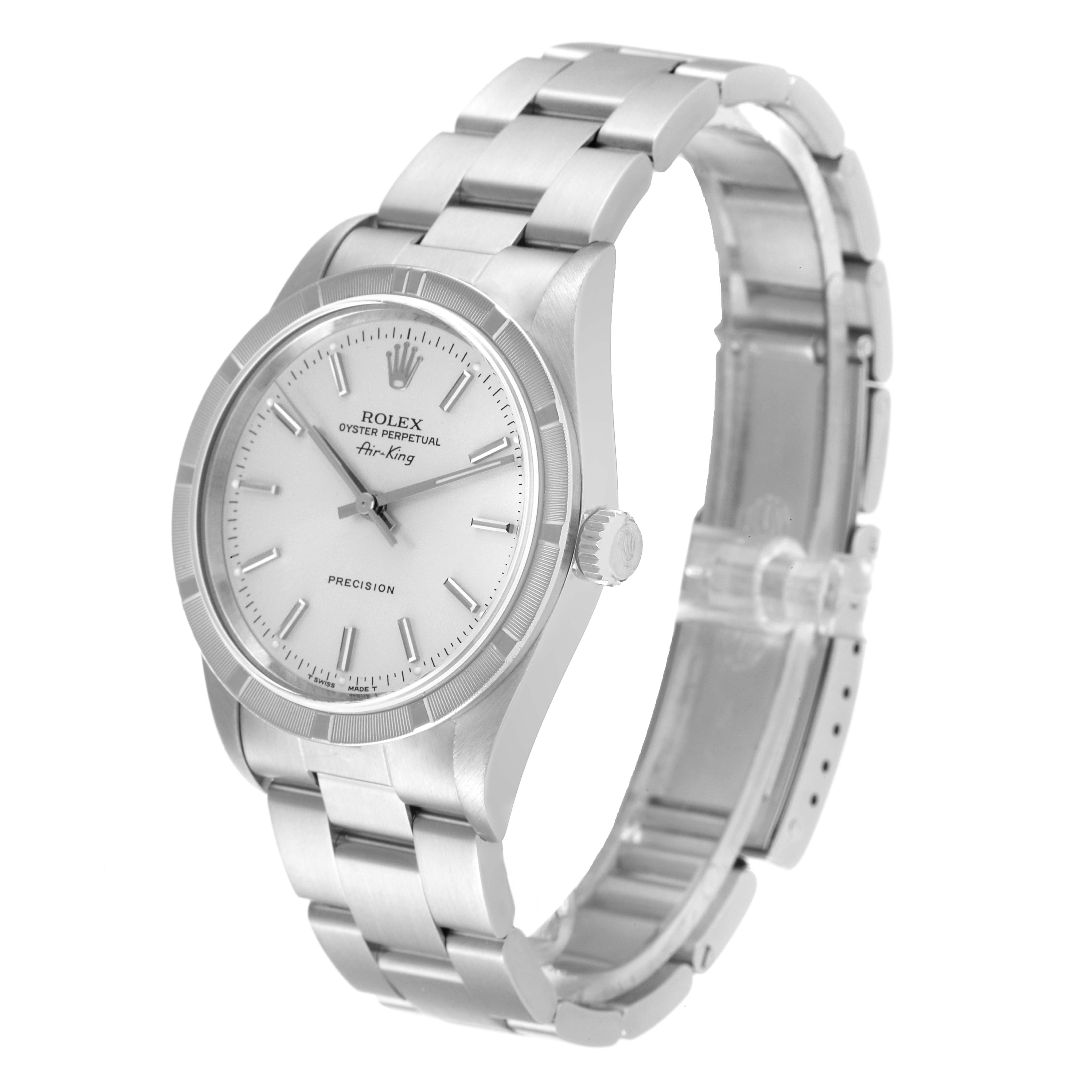 This Rolex Air-King 14010 Men's Stainless Steel Silver Dial 14010 Men's Stainless Steel Silver Dial watch is shown at a slight angle, highlighting the face, crown, and bracelet.