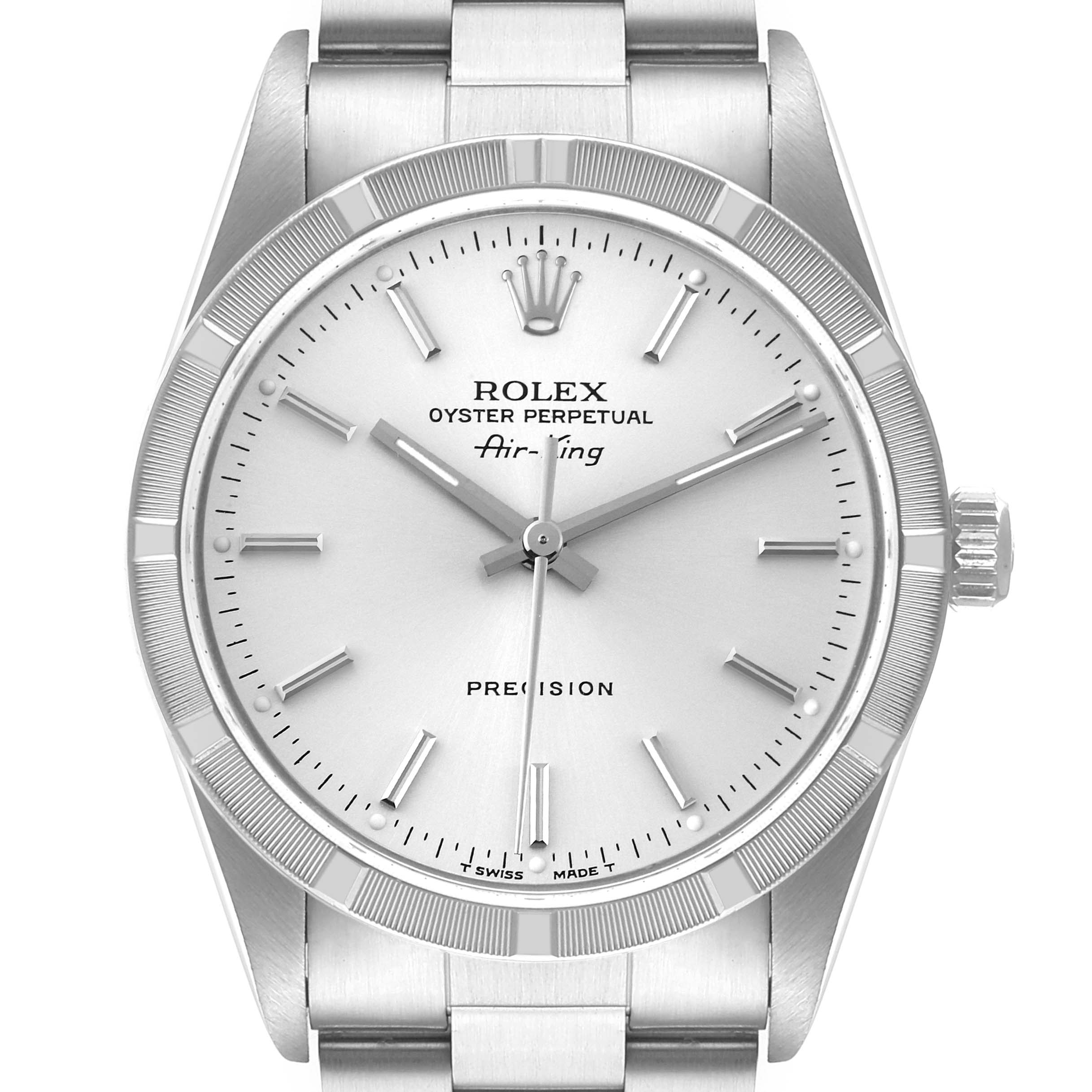 The image shows a front view of a Rolex Air-King 14010 Men's Stainless Steel Silver Dial 14010 Men's Stainless Steel Silver Dial watch, highlighting the dial, bezel, crown, and bracelet.