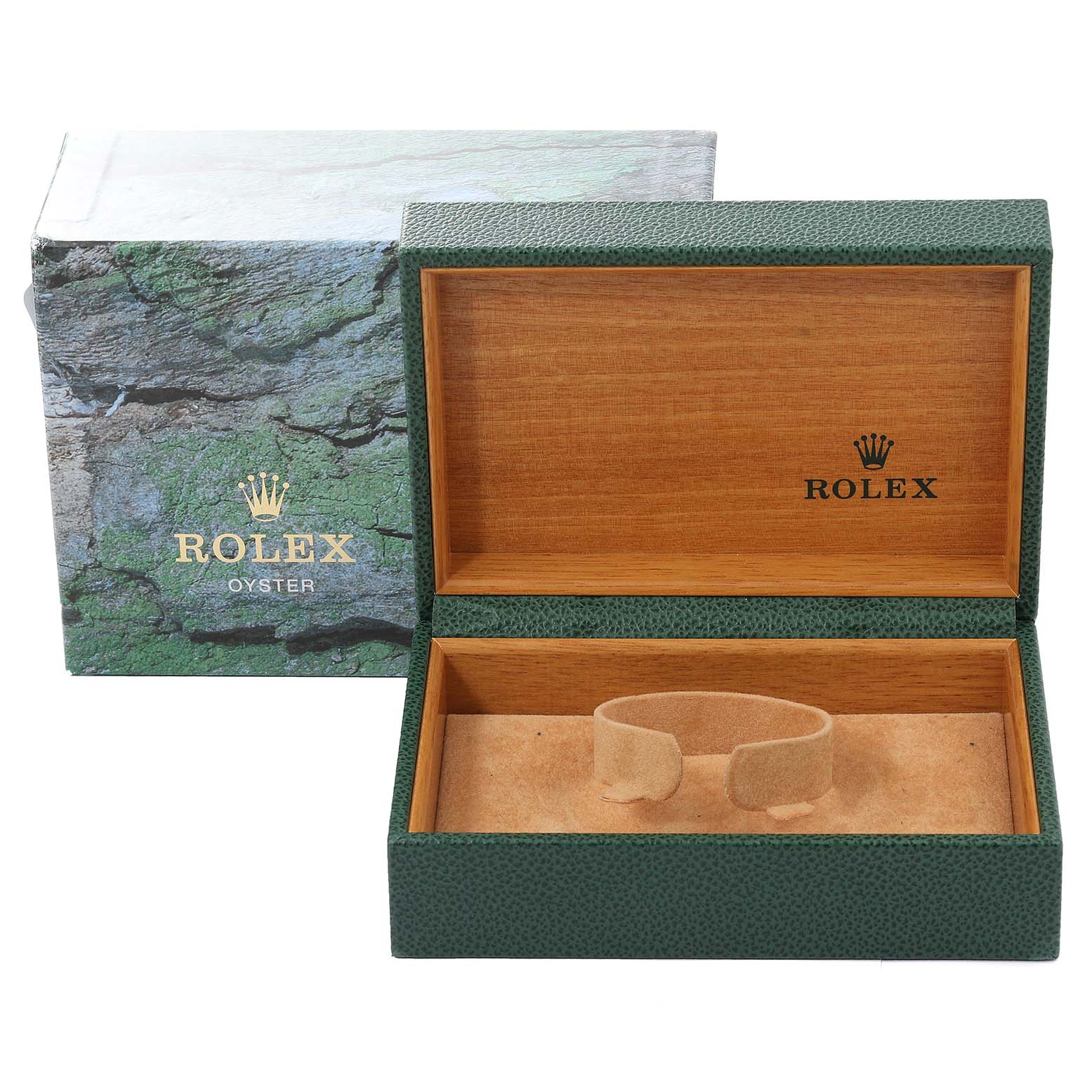 This image shows an open Rolex Air-King 14010 Men's Stainless Steel Silver Dial 14010 Men's Stainless Steel Silver Dial watch box with a green exterior, a wooden interior, and a cushion for holding the watch.
