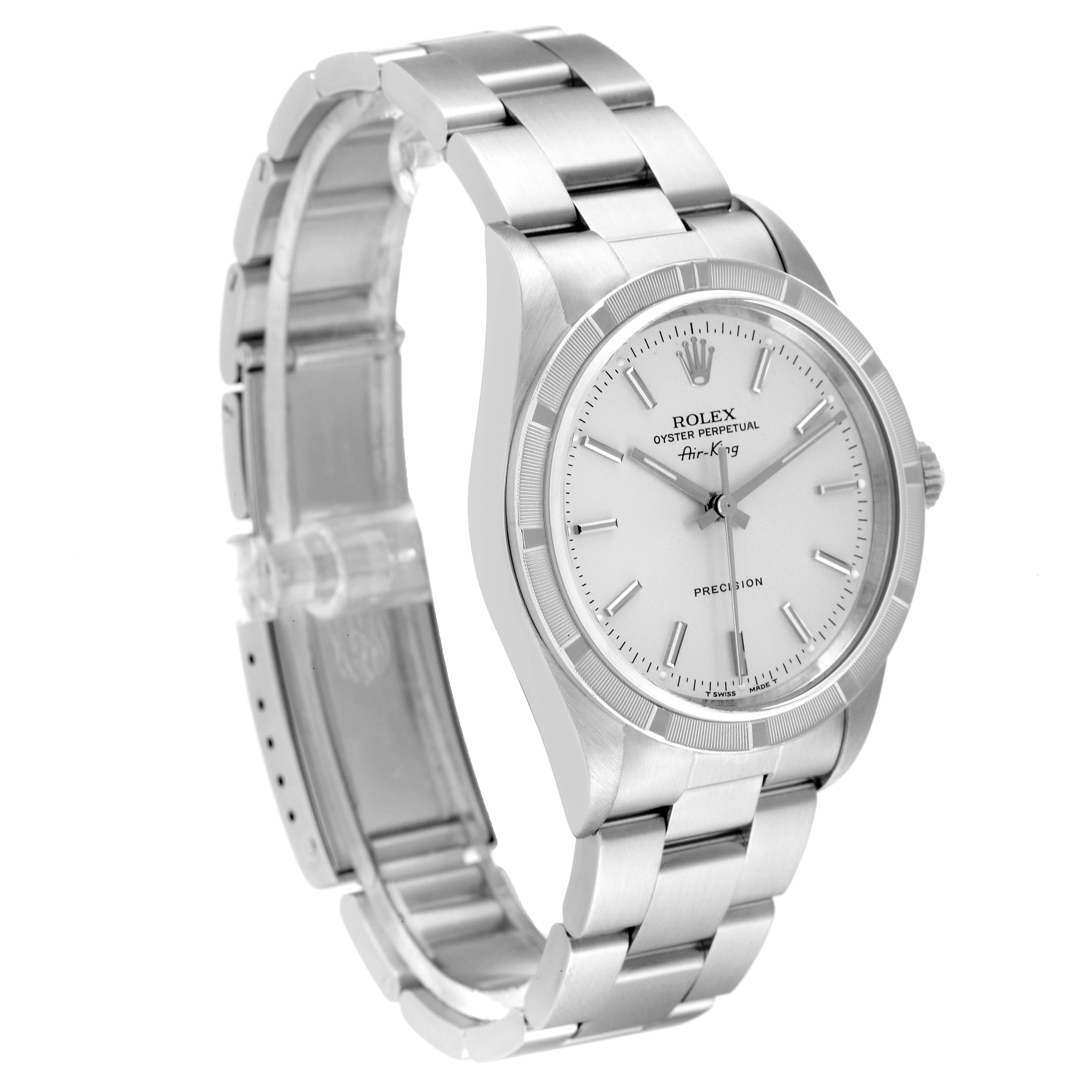 This image shows a side-angle view of a Rolex Air-King 14010 Men's Stainless Steel Silver Dial 14010 Men's Stainless Steel Silver Dial watch, highlighting its bracelet, bezel, and dial.