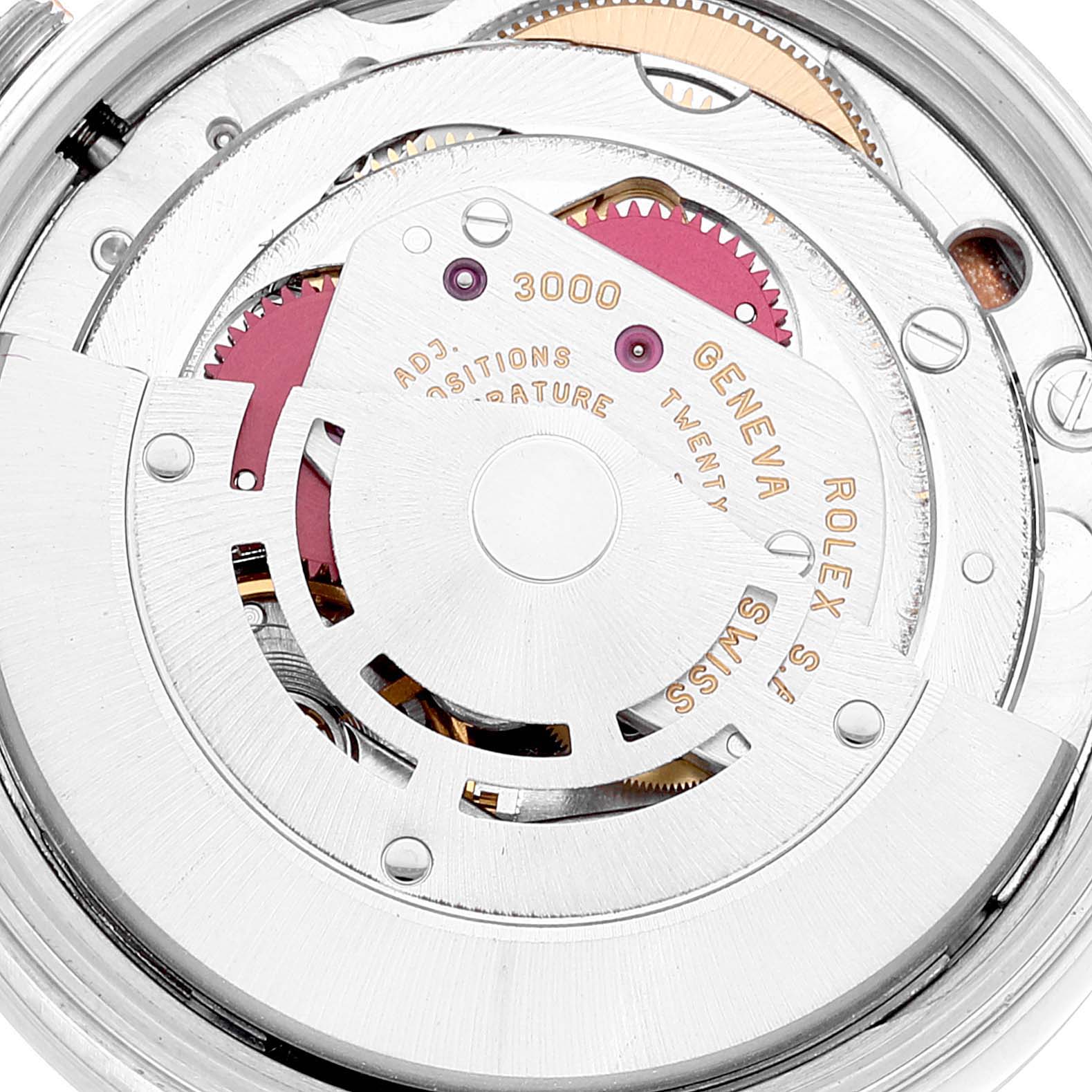 This is a close-up view of the movement mechanism of the Rolex Air-King 14010 Men's Stainless Steel Silver Dial 14010 Men's Stainless Steel Silver Dial watch, showcasing its intricate internal components.