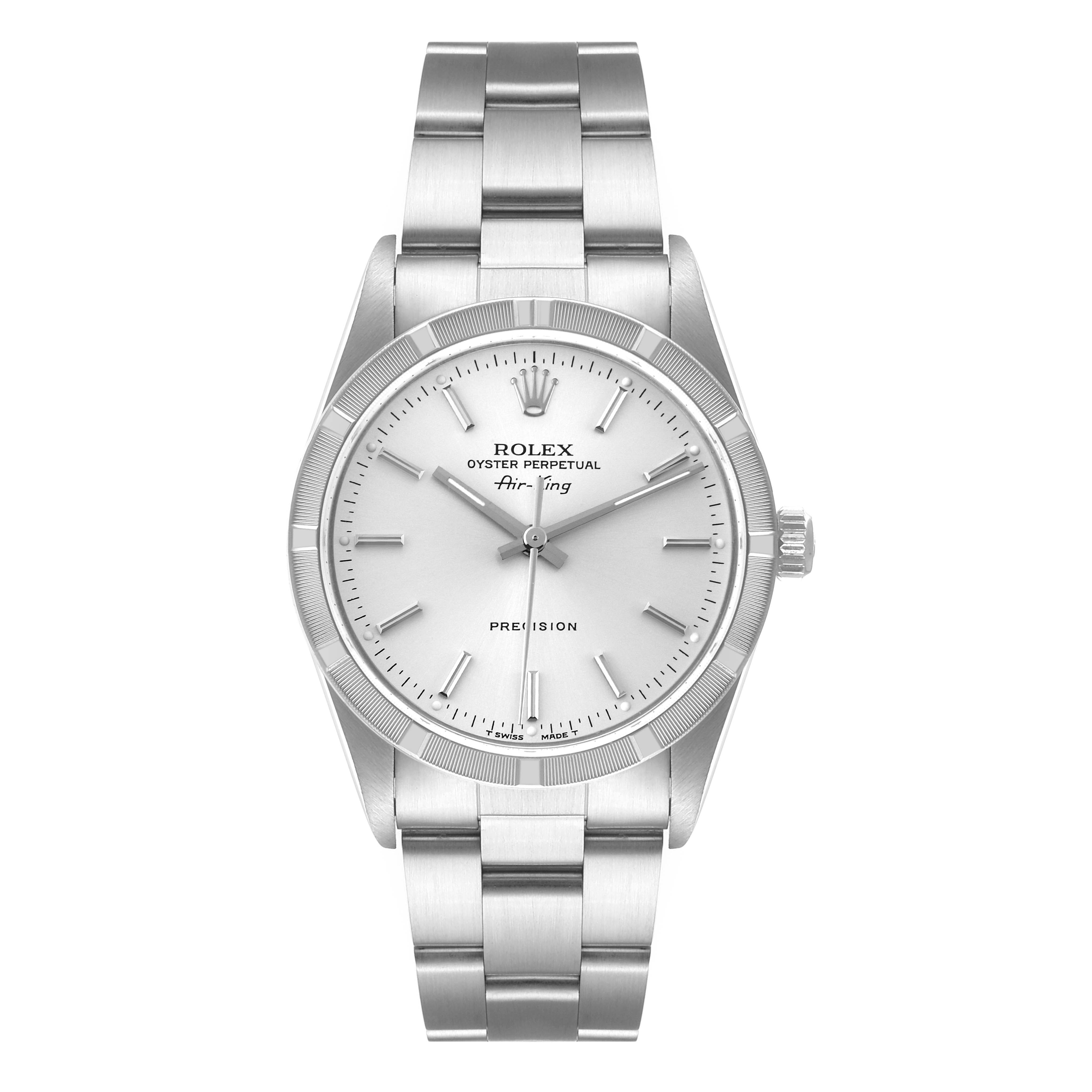 The Rolex Air-King 14010 Men's Stainless Steel Silver Dial 14010 Men's Stainless Steel Silver Dial watch is shown from a front angle, displaying its face, bezel, case, and bracelet.
