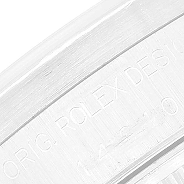 This is a close-up image showing the engravings on the rim of a Rolex Air-King 14010 Men's Stainless Steel Silver Dial 14010 Men's Stainless Steel Silver Dial watch.