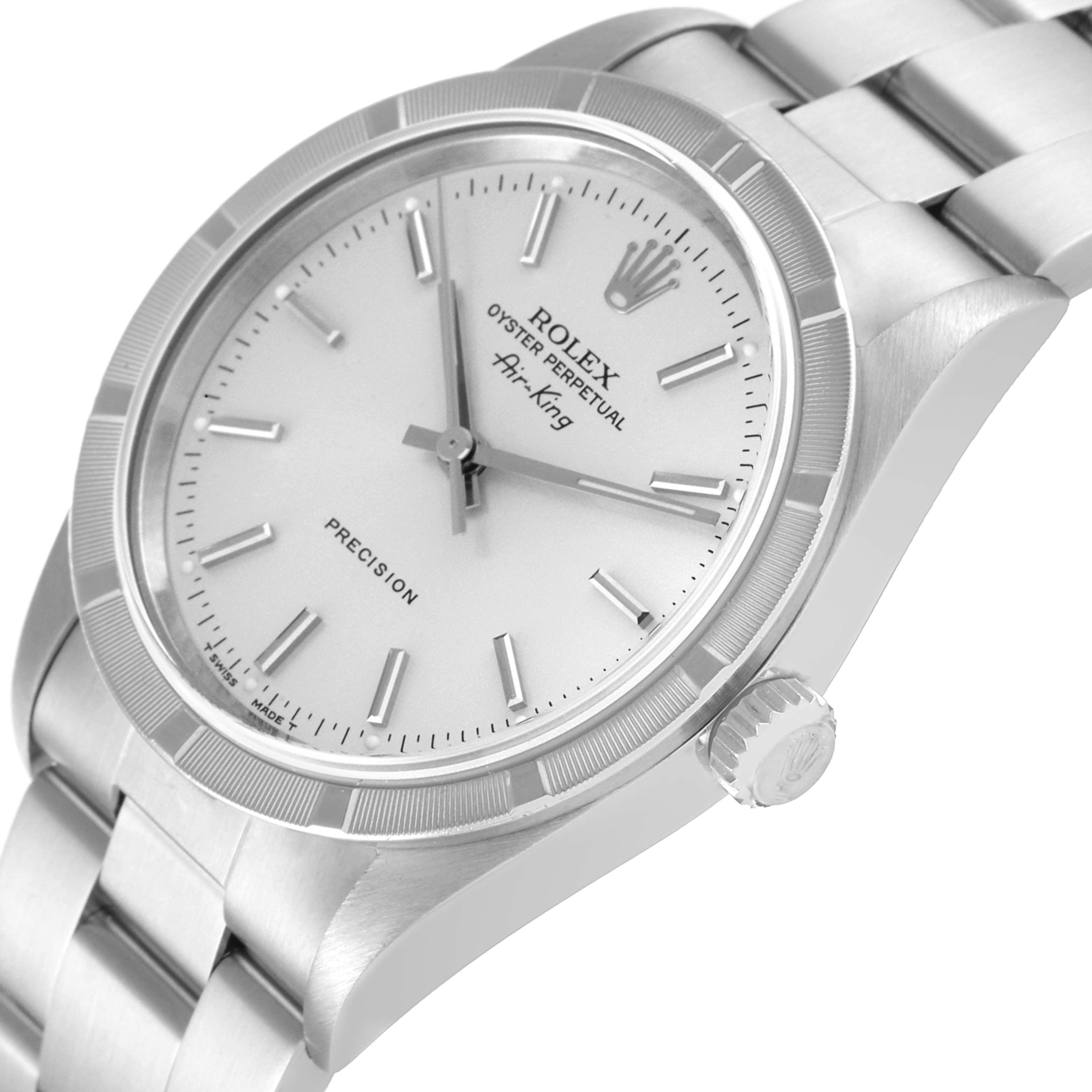 The image shows a close-up, angled view of the Rolex Air-King 14010 Men's Stainless Steel Silver Dial 14010 Men's Stainless Steel Silver Dial watch, displaying its dial, bezel, crown, and part of the bracelet.