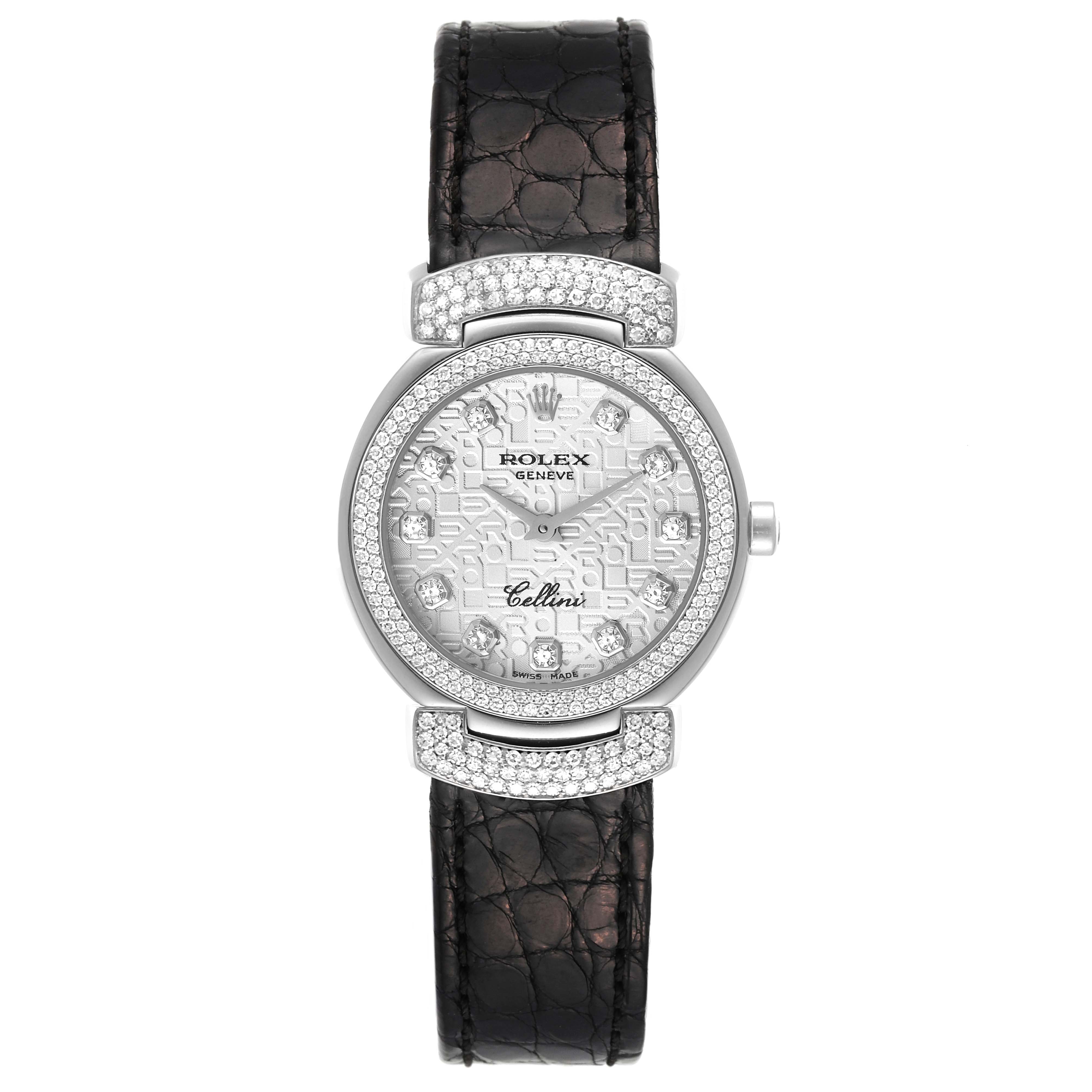 The image shows a frontal view of the Rolex Cellini 6673 Women's White Gold Silver Dial 6673 Women's White Gold Silver Dial watch, highlighting its dial, bezel, and leather strap.
