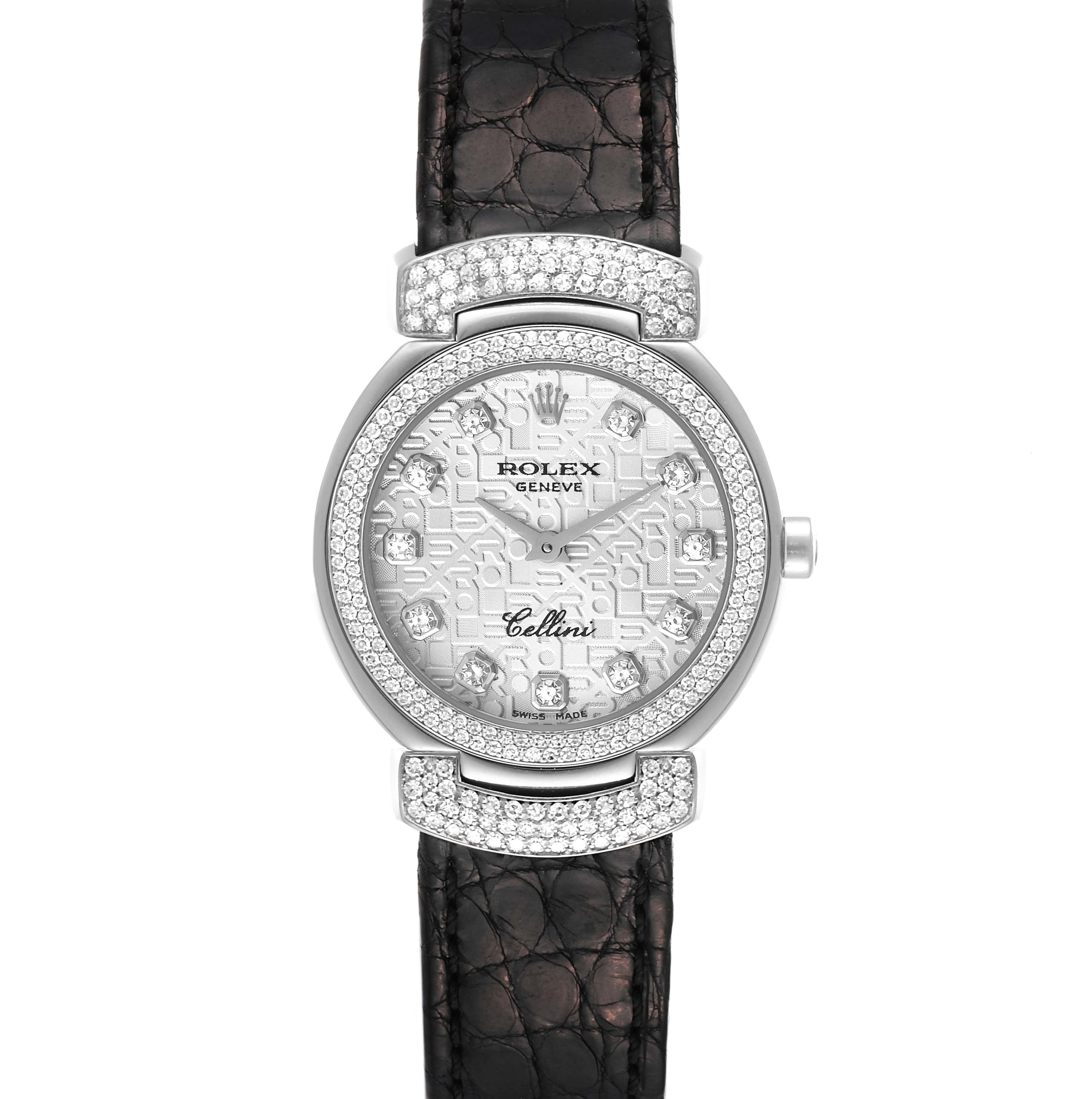 The image shows a front view of a Rolex Cellini 6673 Women's White Gold Silver Dial 6673 Women's White Gold Silver Dial model watch, highlighting its black leather strap, diamond-encrusted bezel, and textured dial.