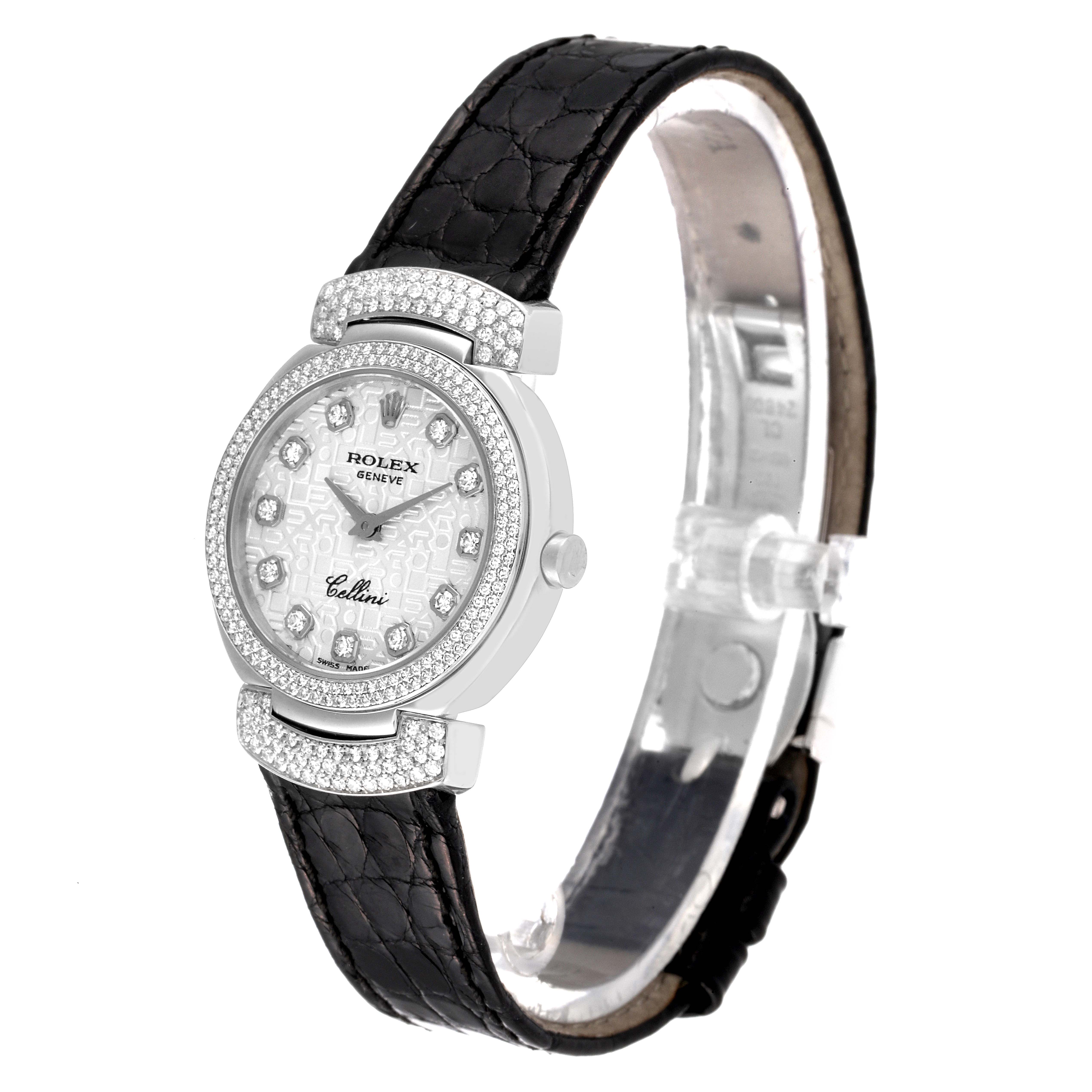 This image shows a Rolex Cellini 6673 Women's White Gold Silver Dial 6673 Women's White Gold Silver Dial watch from a side angle, displaying its face, diamond bezel, and black leather strap.