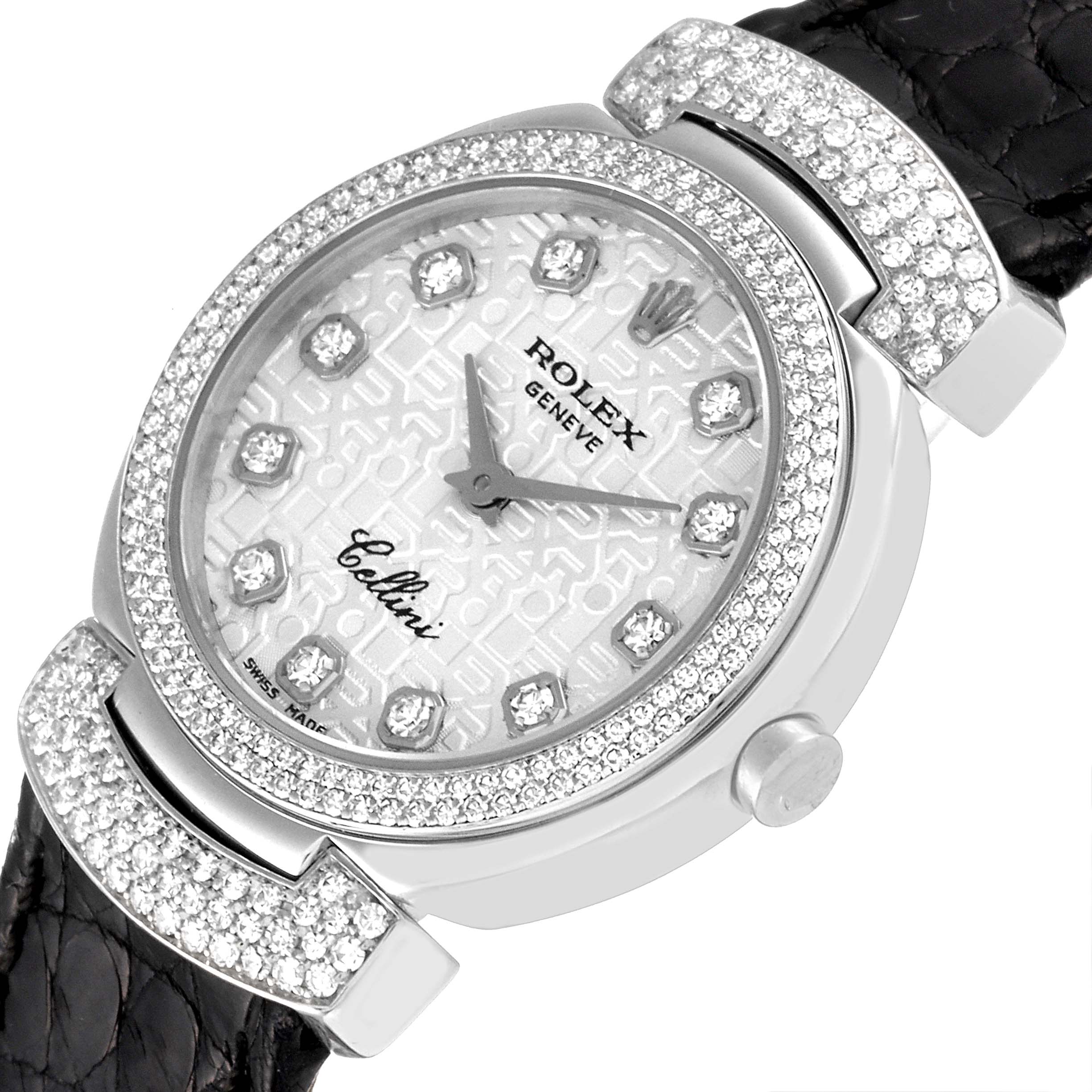 This image shows a close-up of a Rolex Cellini 6673 Women's White Gold Silver Dial 6673 Women's White Gold Silver Dial watch at an angled perspective, highlighting its diamond-encrusted bezel and patterned dial.