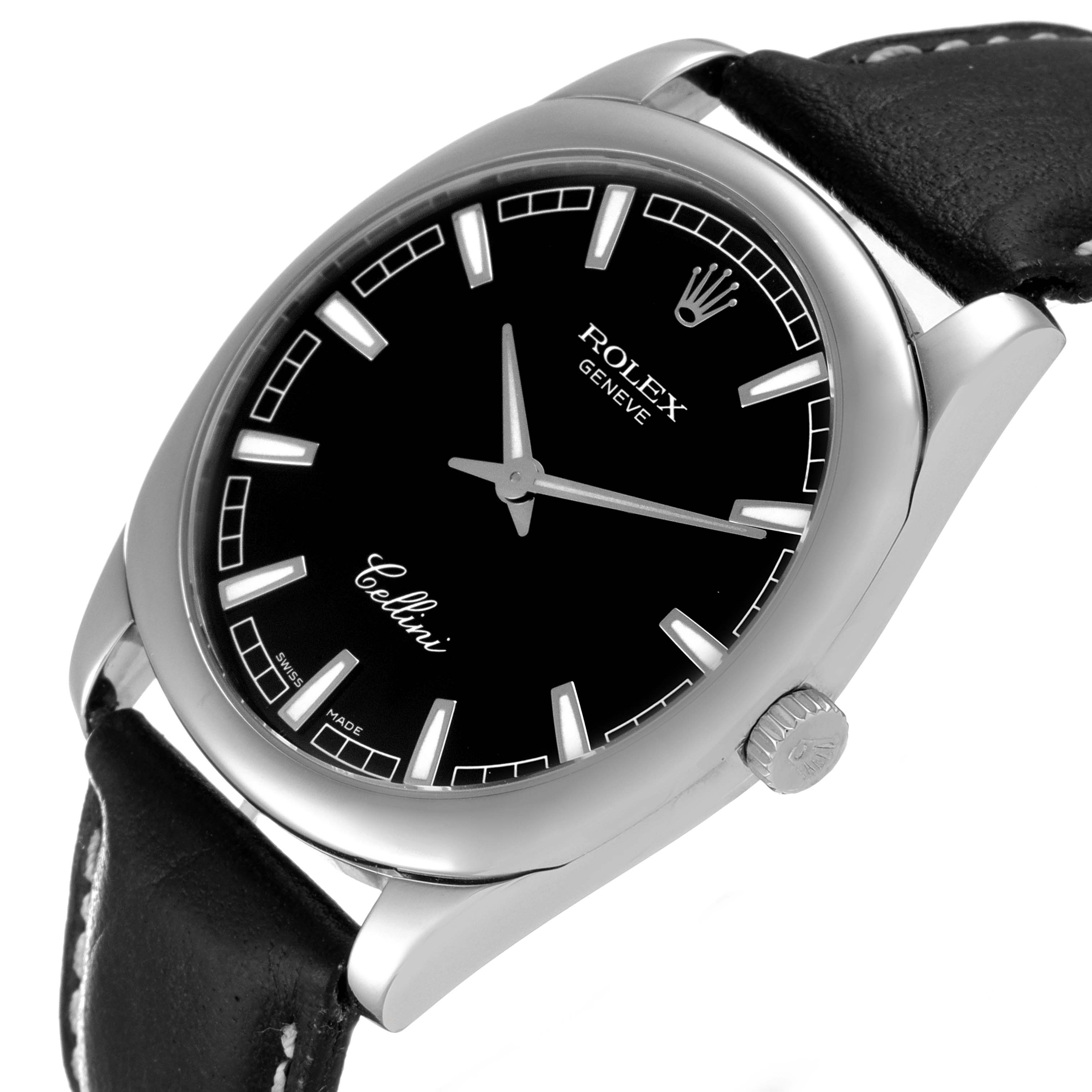 The image shows a close-up side angle of a Rolex Cellini 4243 Men's White Gold Black Dial 4243 Men's White Gold Black Dial watch, highlighting its dial, bezel, crown, and leather strap.
