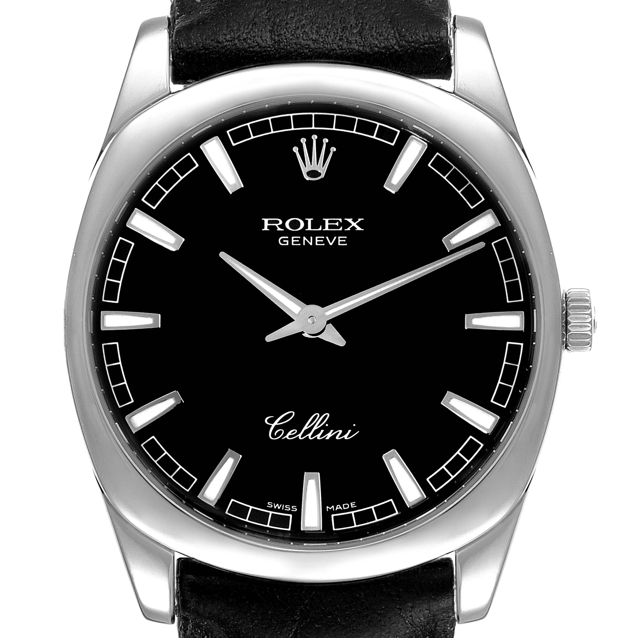 This image shows a front view of the Rolex Cellini 4243 Men's White Gold Black Dial 4243 Men's White Gold Black Dial watch, featuring its dial, hands, indices, crown, and part of the leather strap.