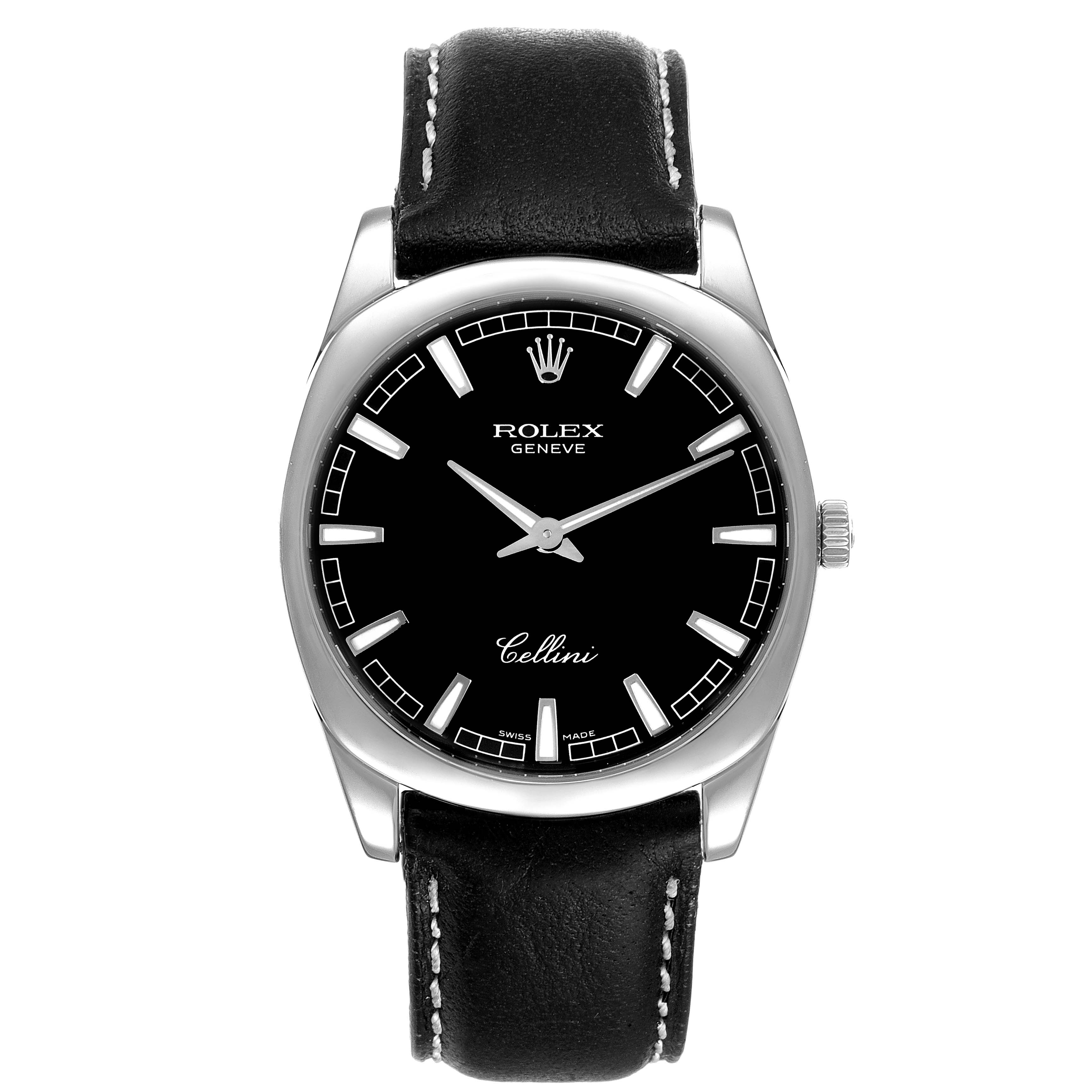 The image shows a head-on view of the Rolex Cellini 4243 Men's White Gold Black Dial 4243 Men's White Gold Black Dial watch, highlighting its black dial, silver markers, and leather strap.