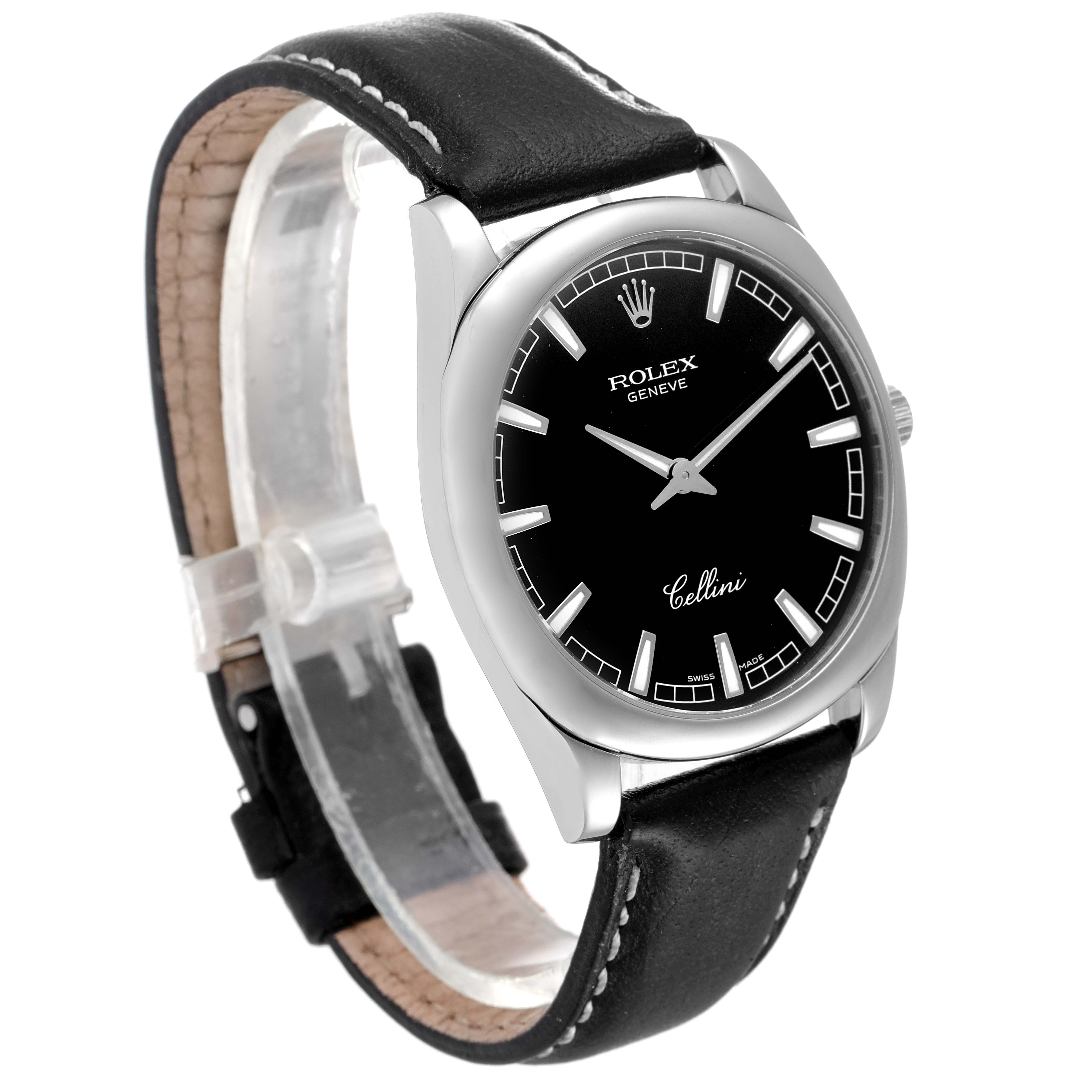 The image shows a Rolex Cellini 4243 Men's White Gold Black Dial 4243 Men's White Gold Black Dial watch at an angled view, highlighting its black dial, silver case, hands, and leather strap.