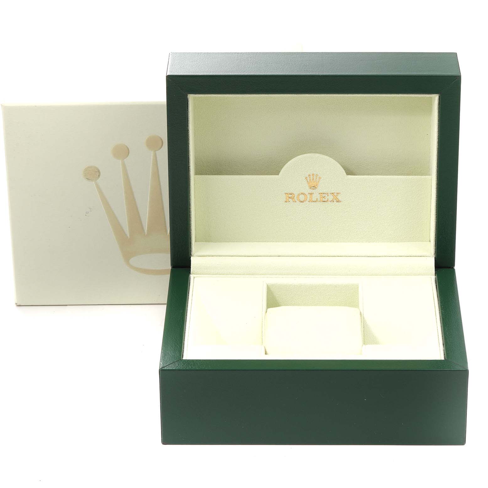 The image shows an open green and cream-colored Rolex Cellini 4243 Men's White Gold Black Dial 4243 Men's White Gold Black Dial watch box with the upper lid featuring the brand's logo.