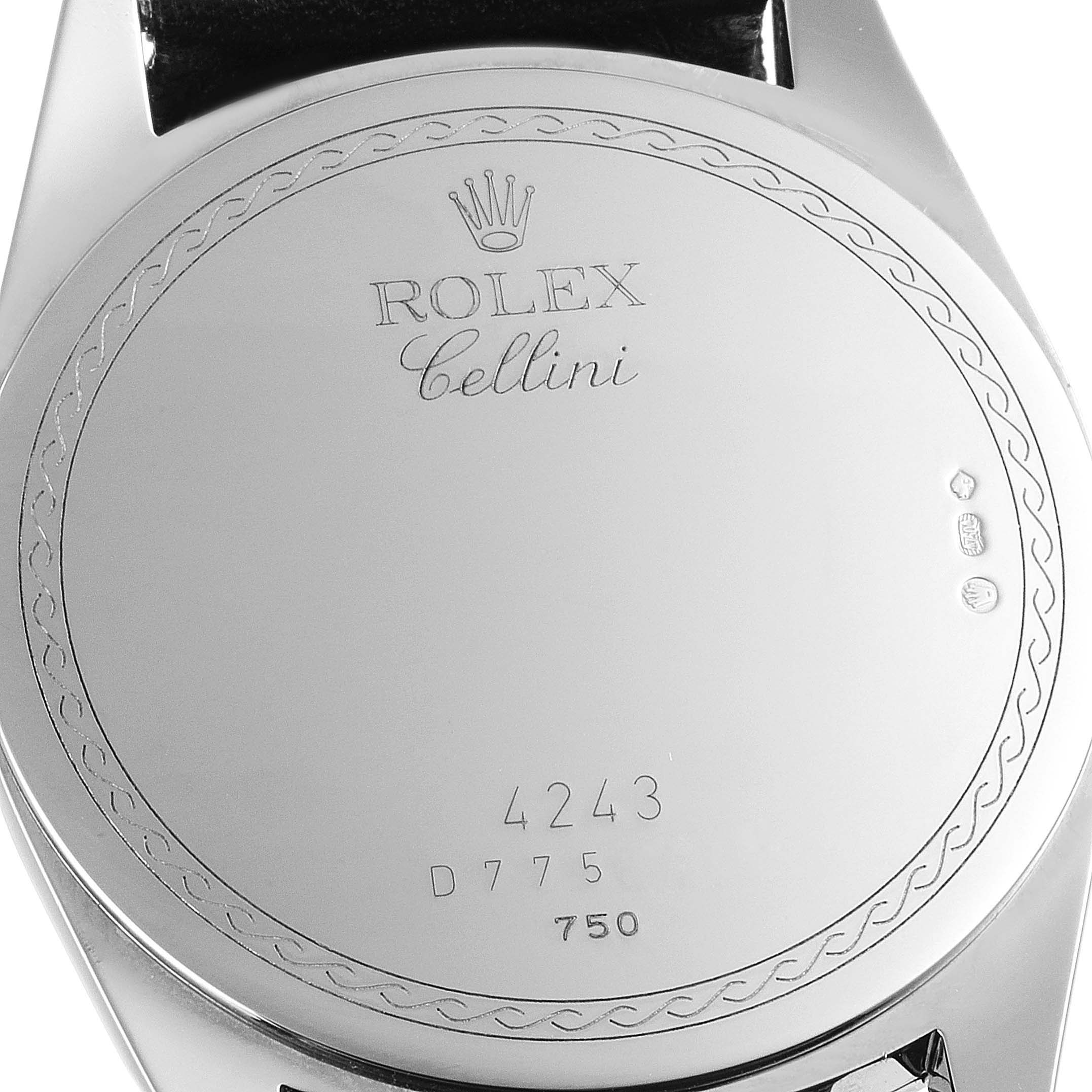 This image shows the back case of a Rolex Cellini 4243 Men's White Gold Black Dial 4243 Men's White Gold Black Dial watch, displaying the brand name, model name, and hallmark engravings.