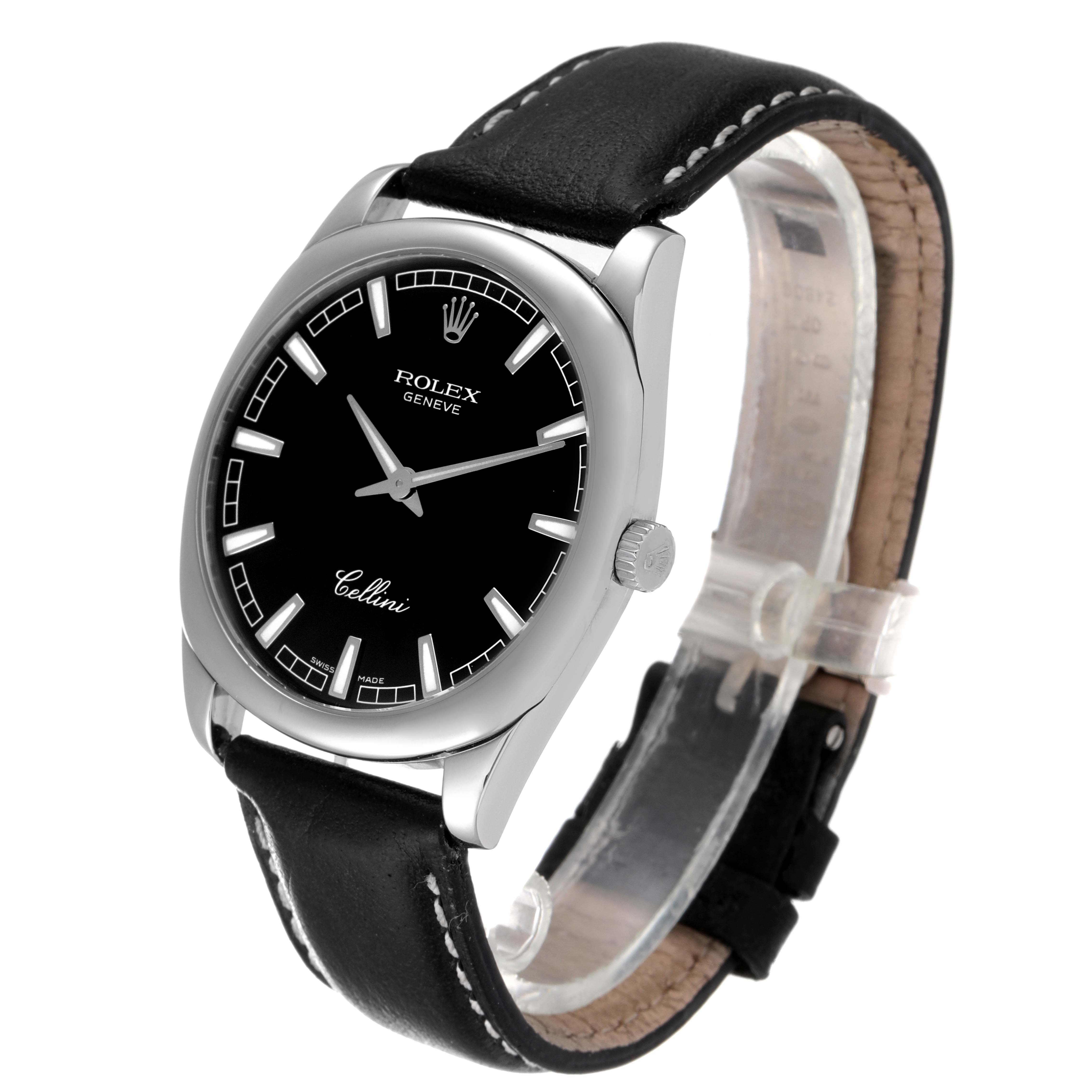 The image shows a Rolex Cellini 4243 Men's White Gold Black Dial 4243 Men's White Gold Black Dial watch at a three-quarter angle, highlighting the black dial, silver case, and black leather strap.