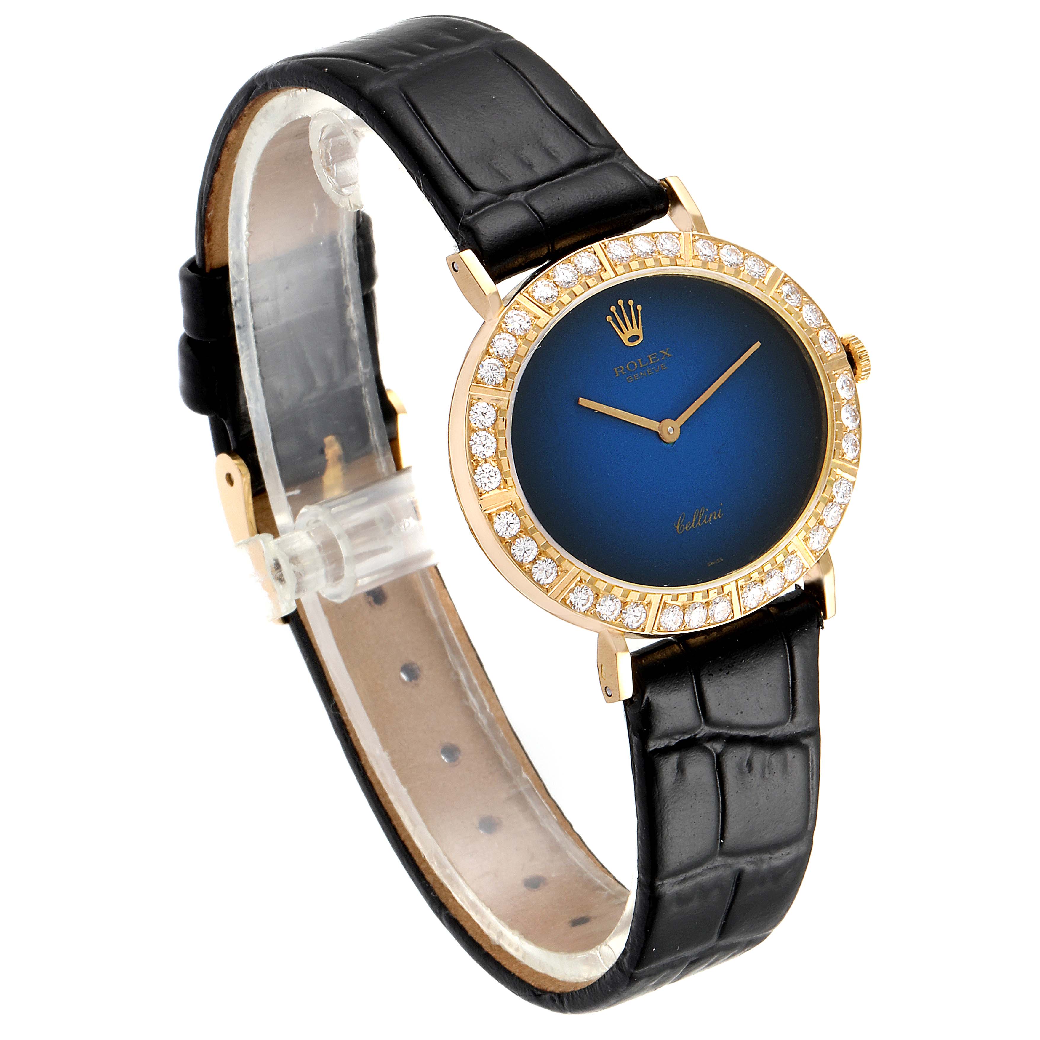The image shows a Rolex Cellini 4083 Women's Yellow Gold Blue Dial 4083 Women's Yellow Gold Blue Dial watch from an angled front-view, highlighting its black leather strap and diamond-encrusted bezel.