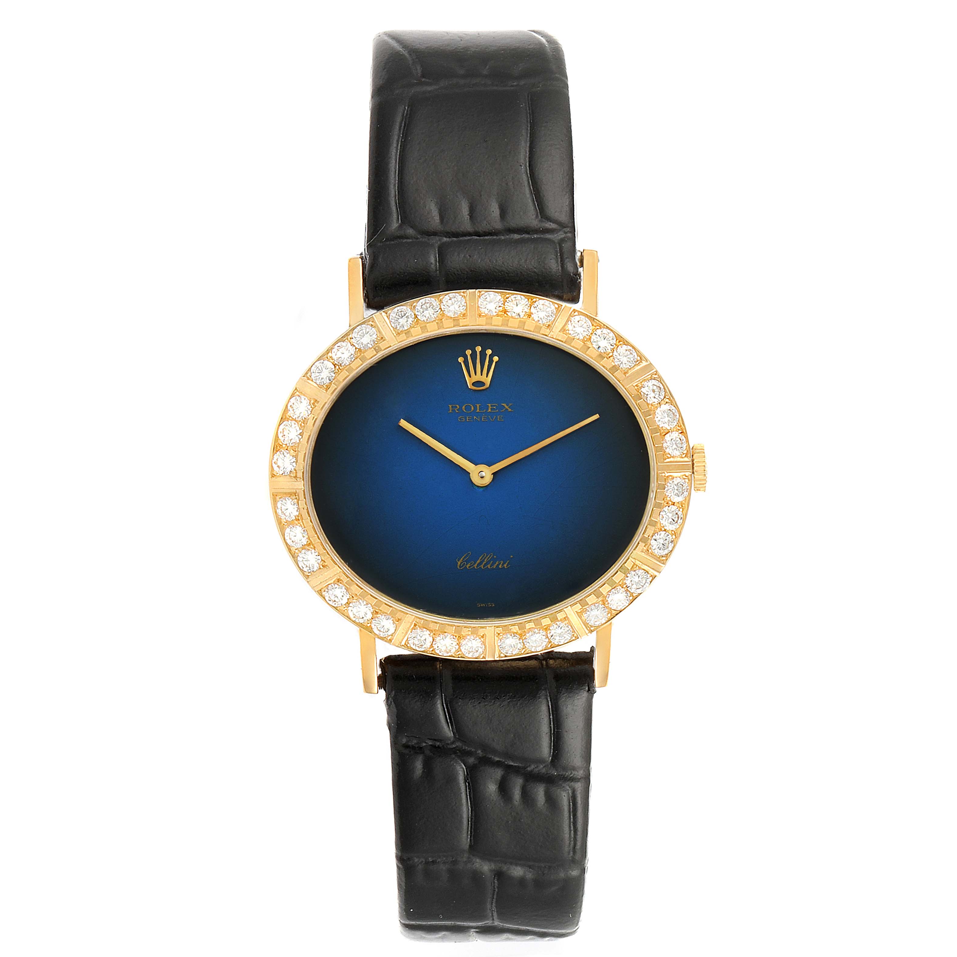 This image shows a frontal view of a Rolex Cellini 4083 Women's Yellow Gold Blue Dial 4083 Women's Yellow Gold Blue Dial watch with a blue dial, gold case, diamond bezel, and black leather strap.