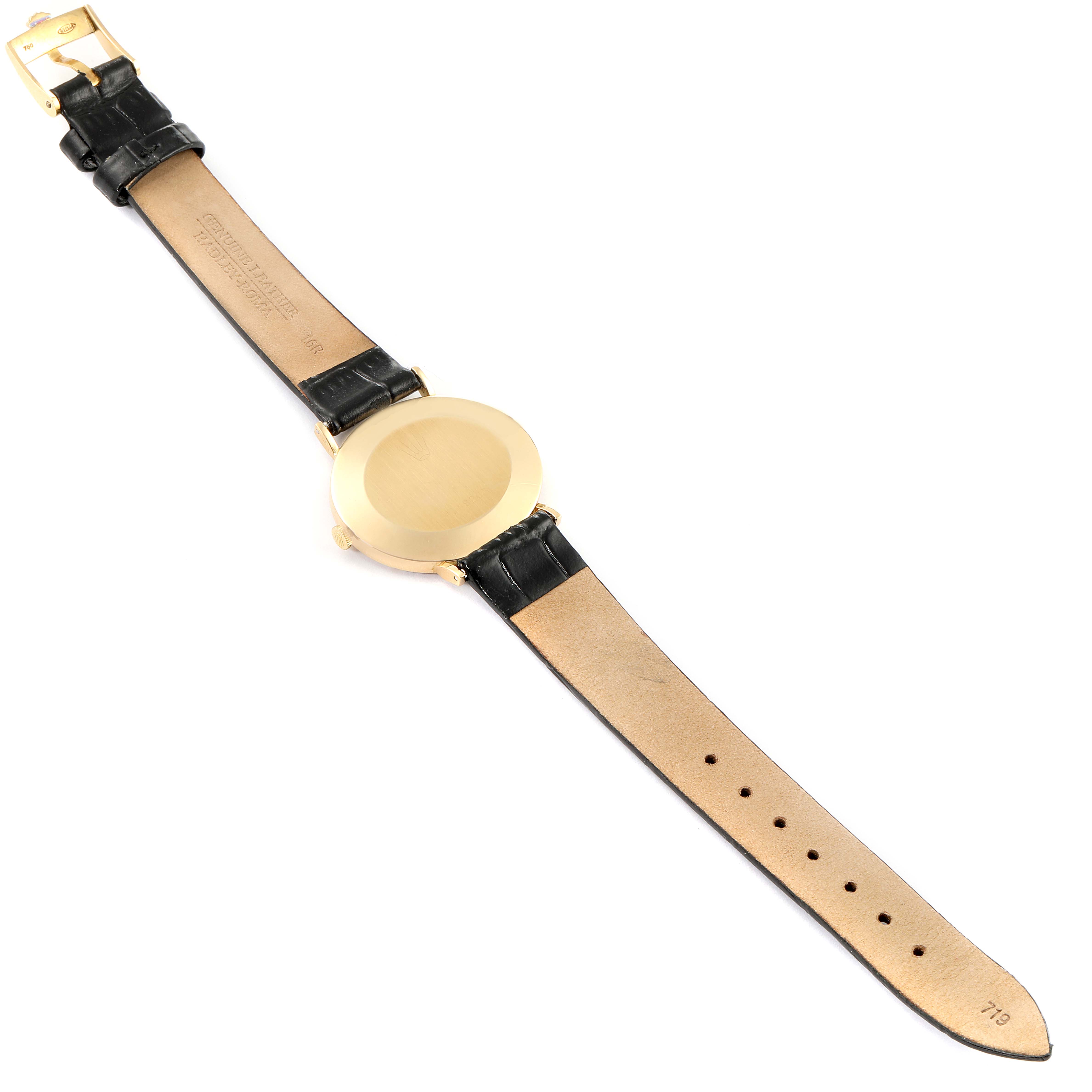 This image shows the back view of a Rolex Cellini 4083 Women's Yellow Gold Blue Dial 4083 Women's Yellow Gold Blue Dial watch with its black leather strap fully extended.