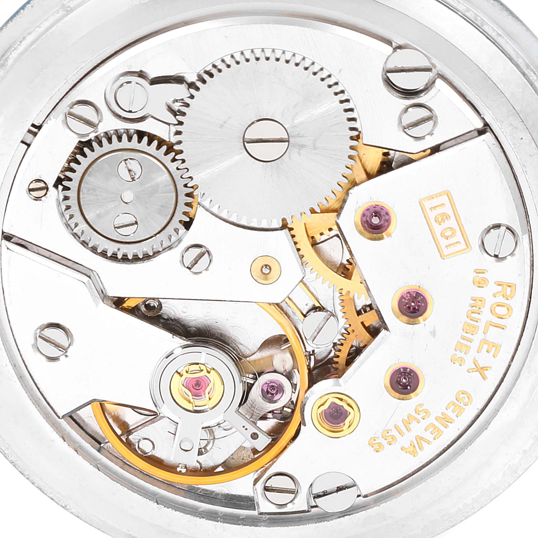 This image shows an internal view of the Rolex Cellini 4083 Women's Yellow Gold Blue Dial 4083 Women's Yellow Gold Blue Dial watch movement, featuring gears, jewels, and mechanical components.