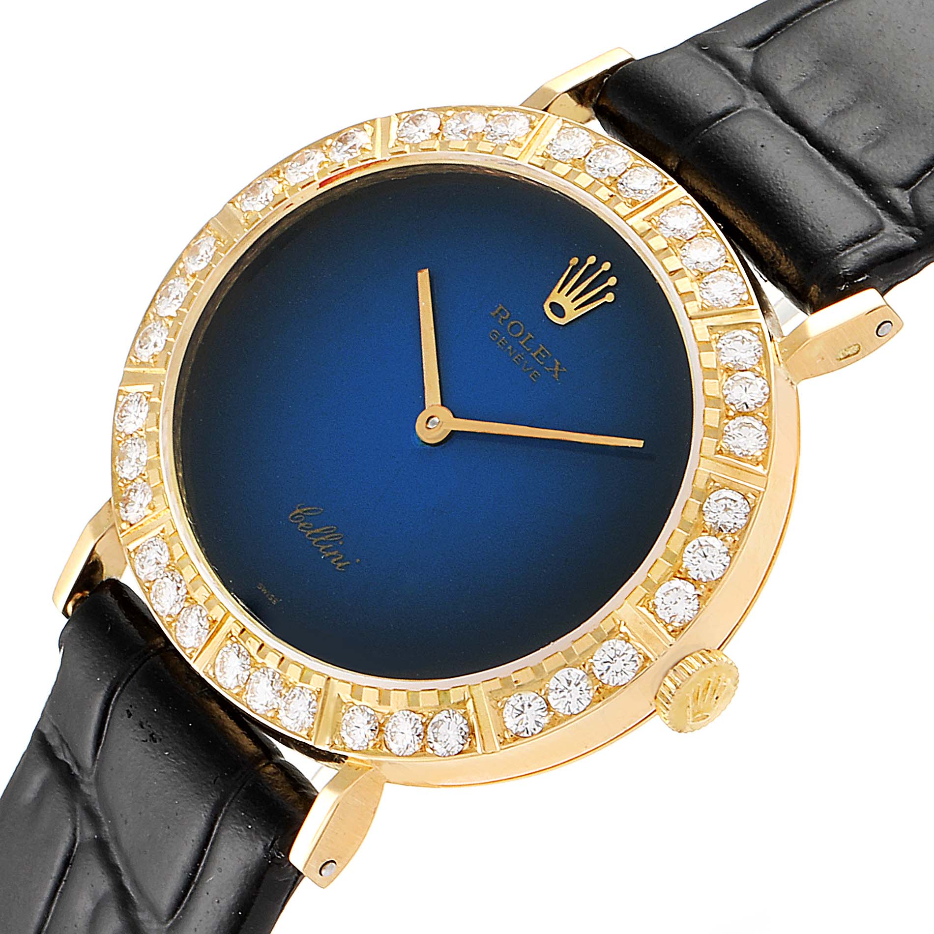 The image shows a Rolex Cellini 4083 Women's Yellow Gold Blue Dial 4083 Women's Yellow Gold Blue Dial watch from an angled top view, highlighting the black strap, blue dial, and diamond-encrusted gold bezel.