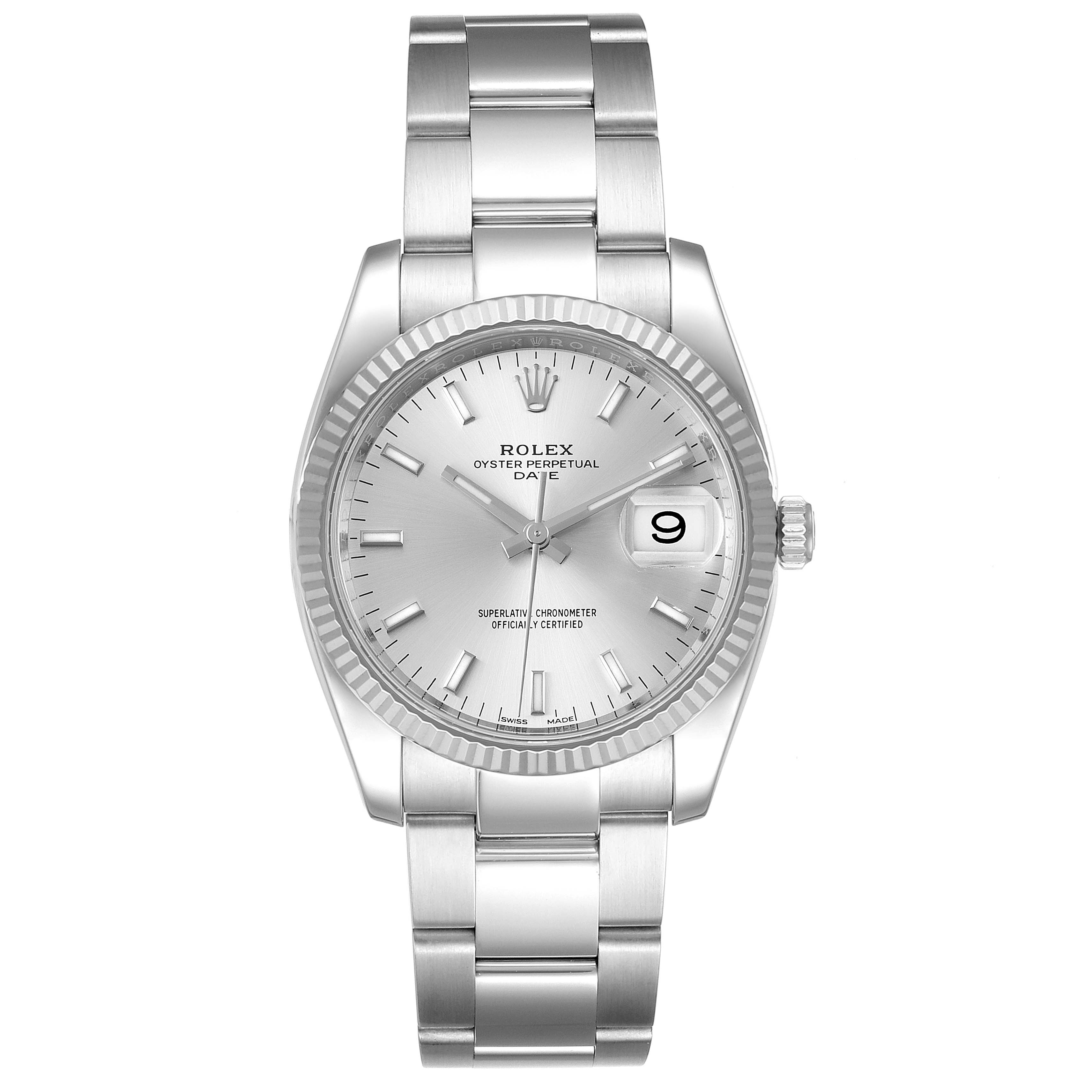 The image shows a front view of a Rolex Oyster Perpetual Date watch, highlighting the dial, bracelet, and date window.