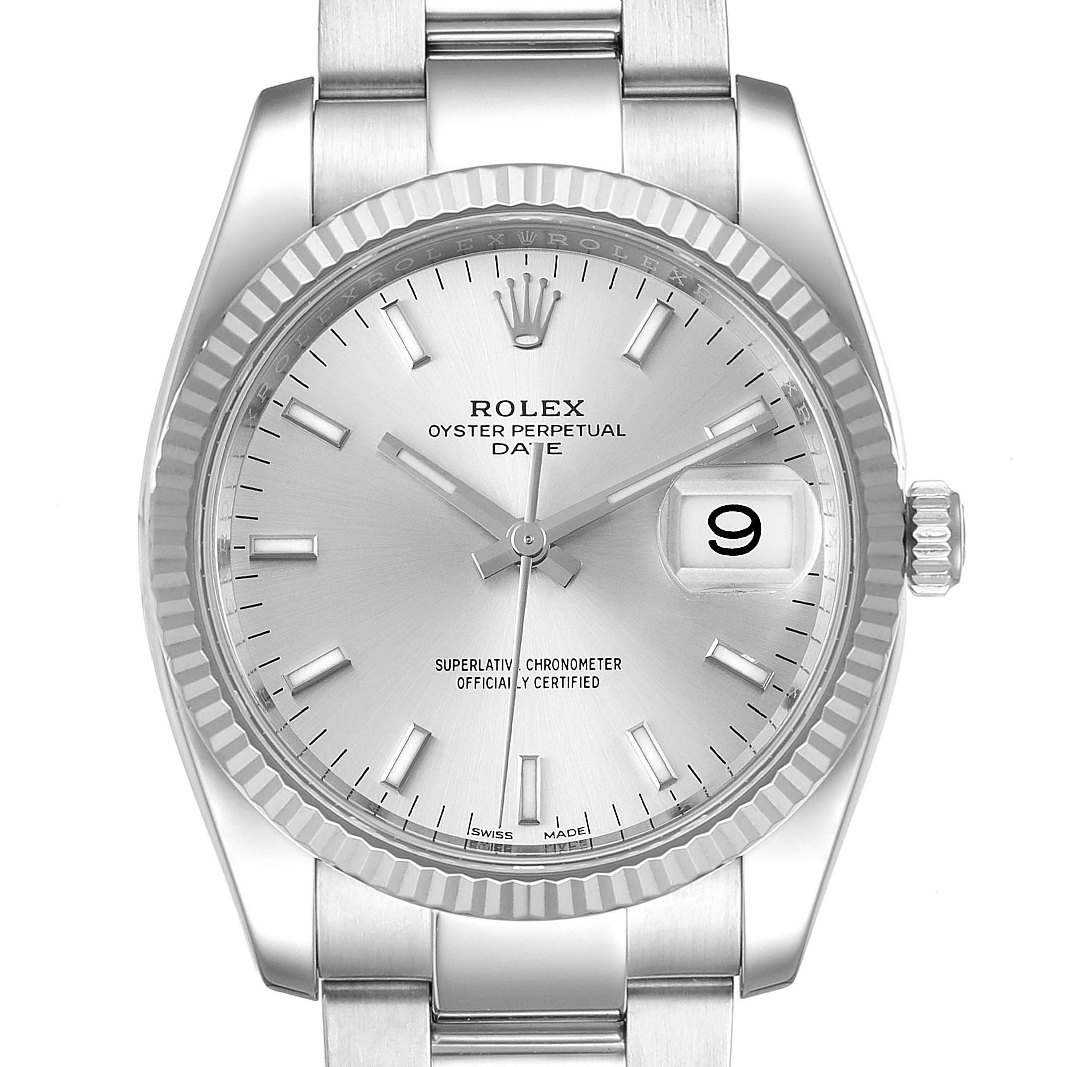 This image shows the front angle of a Rolex Date 115234 Men's Stainless Steel Silver Dial 115234 Men's Stainless Steel Silver Dial model, featuring the dial, hands, date window, and part of the bracelet.