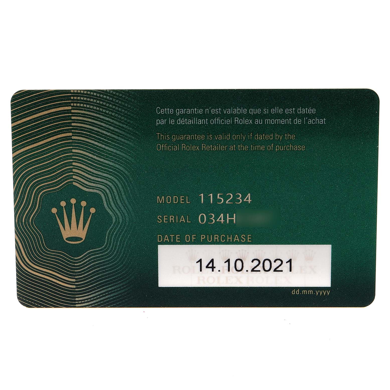 This image shows a warranty card for a Rolex Date 115234 Men's Stainless Steel Silver Dial 115234 Men's Stainless Steel Silver Dial model watch, with the model number, serial number, and purchase date displayed.