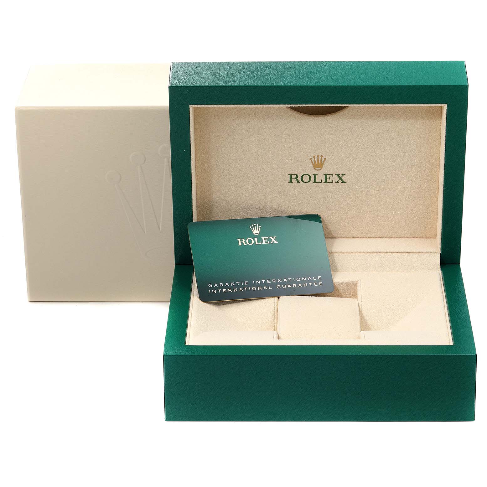 The image shows the open packaging box and international guarantee card for a Rolex Date 115234 Men's Stainless Steel Silver Dial 115234 Men's Stainless Steel Silver Dial model watch.