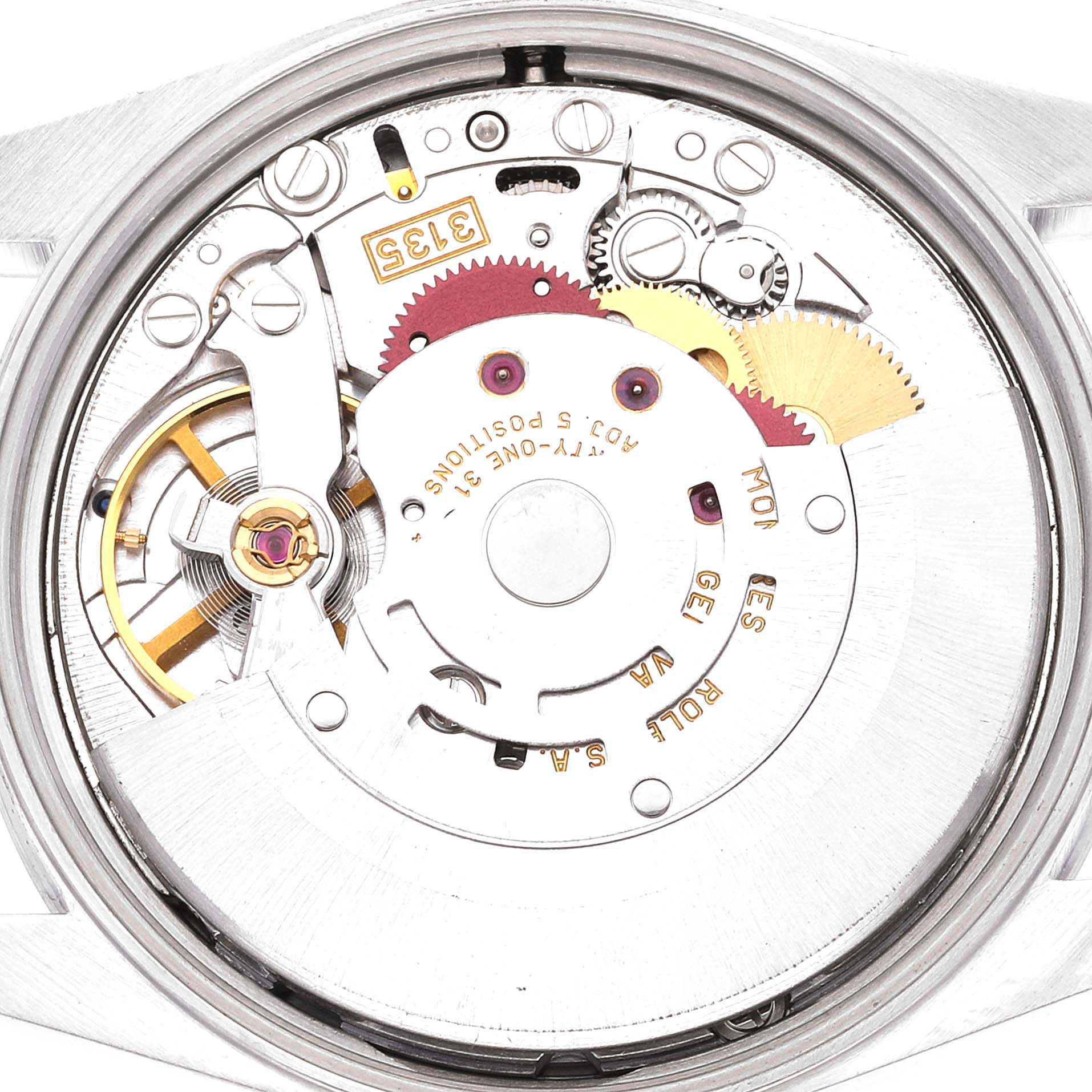 This is a close-up view of the internal mechanical movement parts of a Rolex Date 15200 Men's Stainless Steel Blue Dial 15200 Men's Stainless Steel Blue Dial model watch.