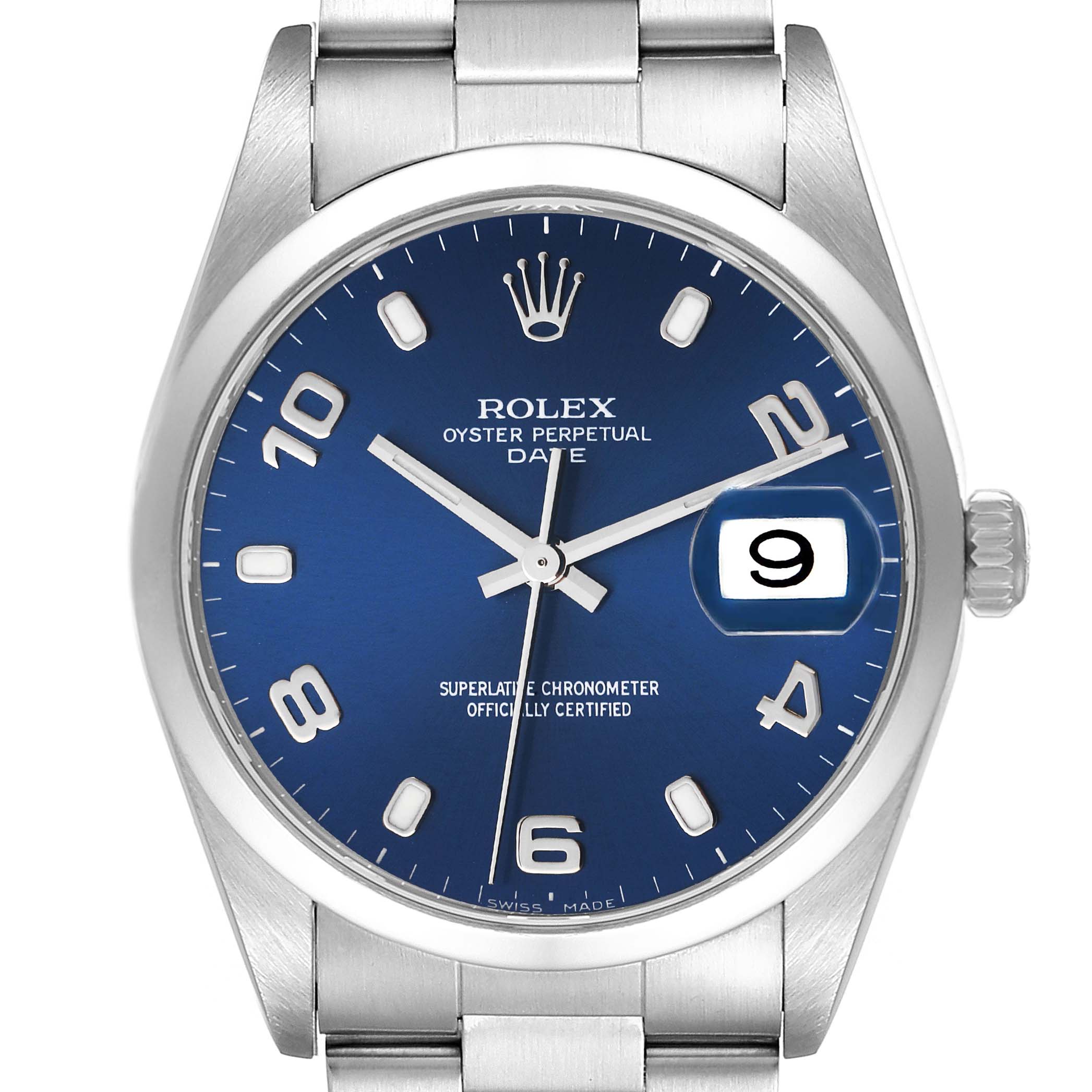 The image shows a frontal view of a Rolex Date 15200 Men's Stainless Steel Blue Dial 15200 Men's Stainless Steel Blue Dial model watch with a blue dial and date window at 3 o'clock.