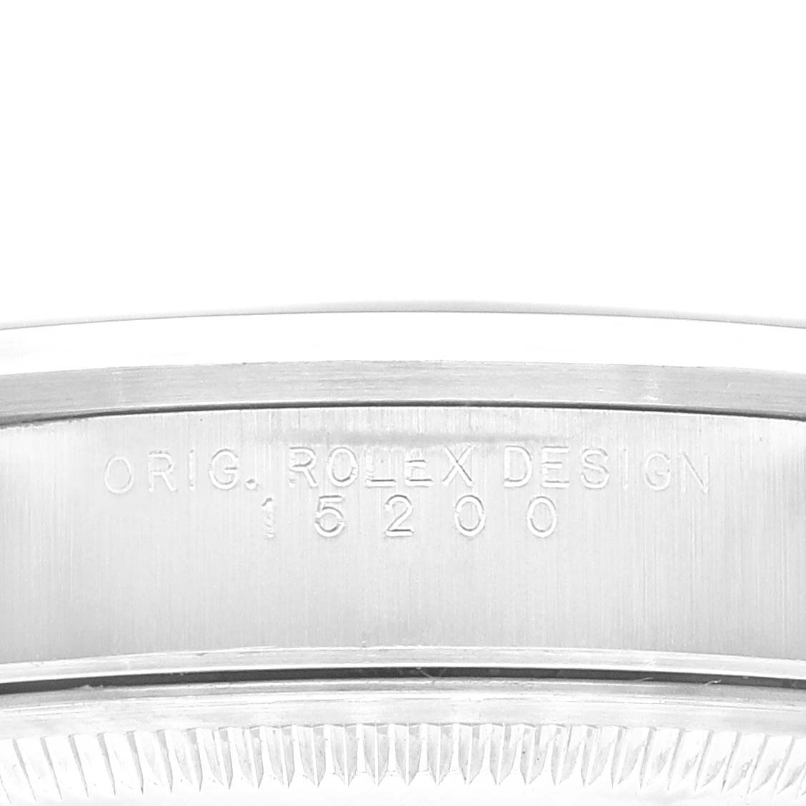 This image shows a close-up of the engraved side of the Rolex Date 15200 Men's Stainless Steel Blue Dial 15200 Men's Stainless Steel Blue Dial model case with the model number 15200.