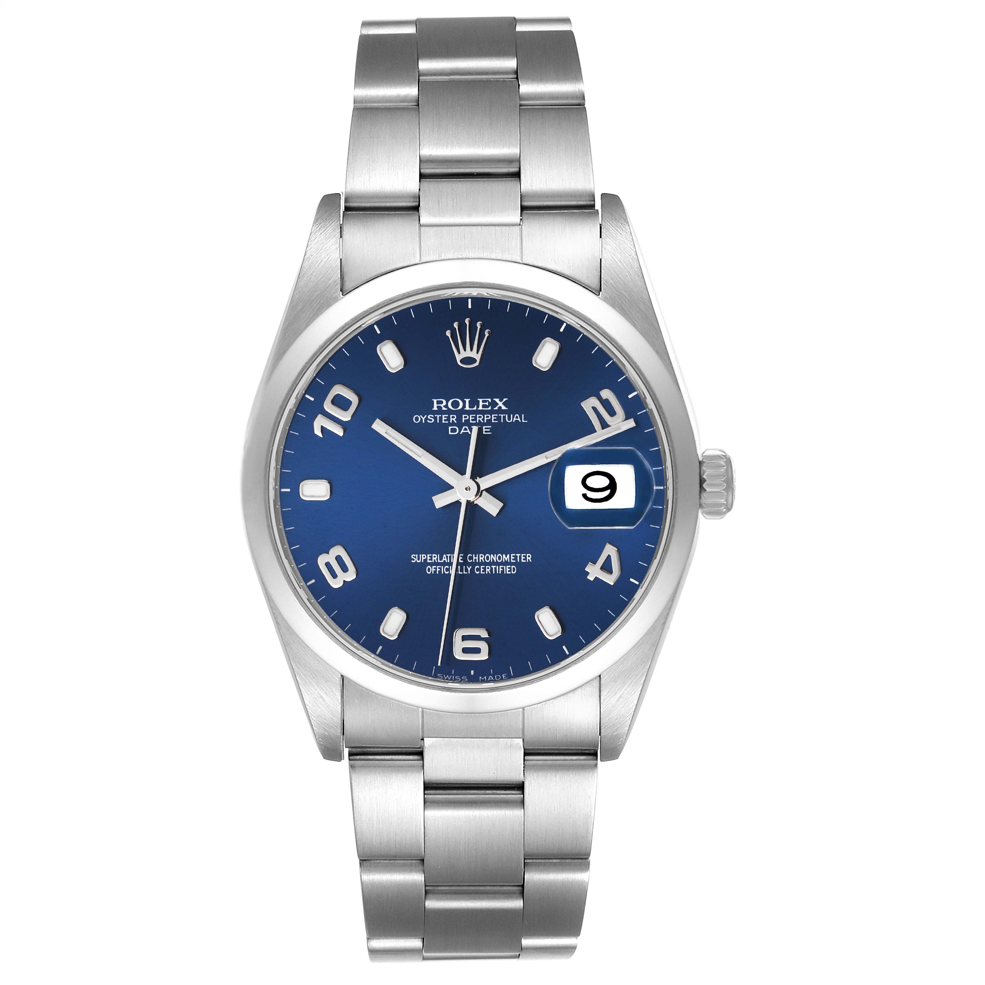 This image shows a front view of the Rolex Date 15200 Men's Stainless Steel Blue Dial 15200 Men's Stainless Steel Blue Dial watch model, displaying its blue dial, case, and bracelet.