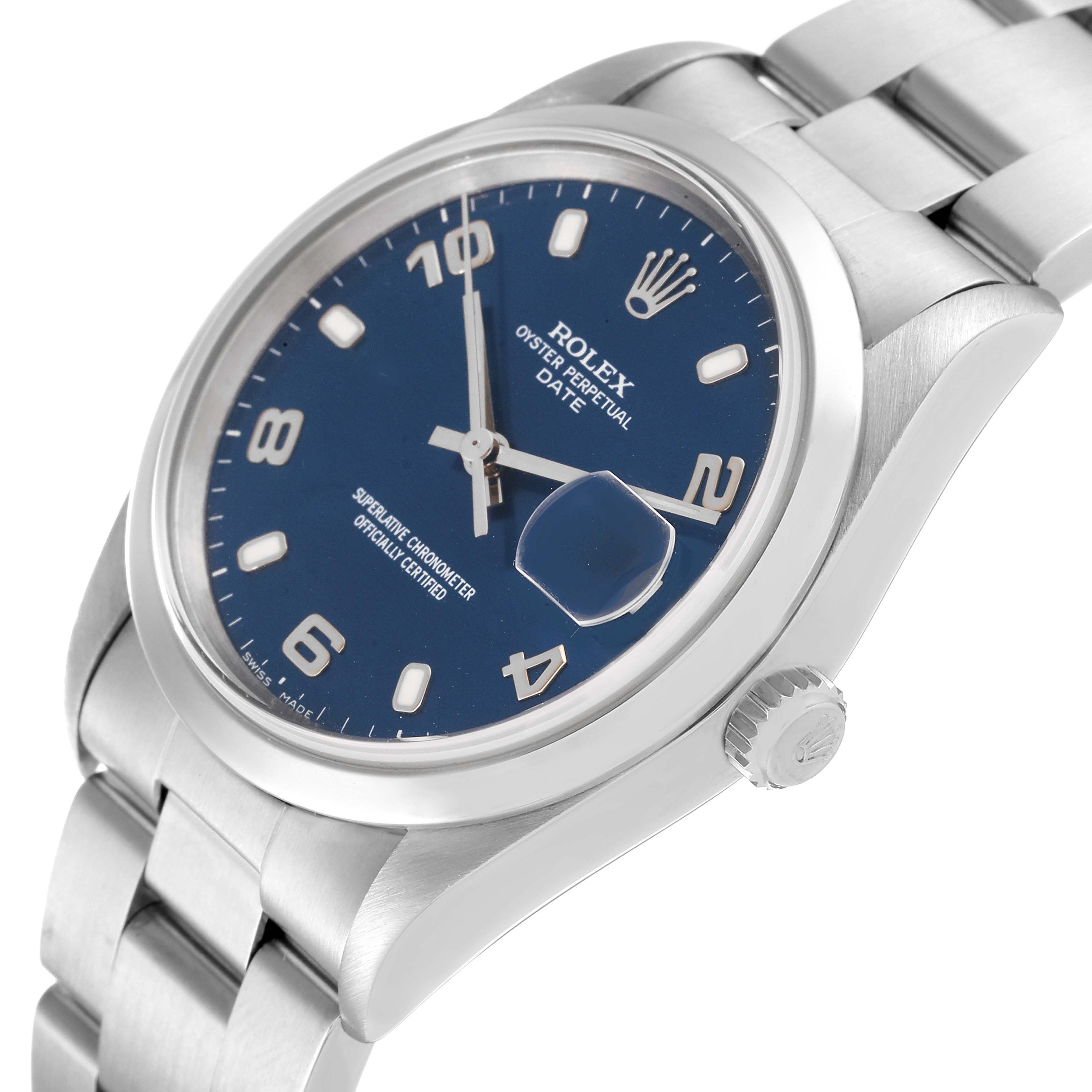 The image shows a side angle view of a Rolex Oyster Perpetual Date watch, highlighting the face, bezel, and part of the bracelet.