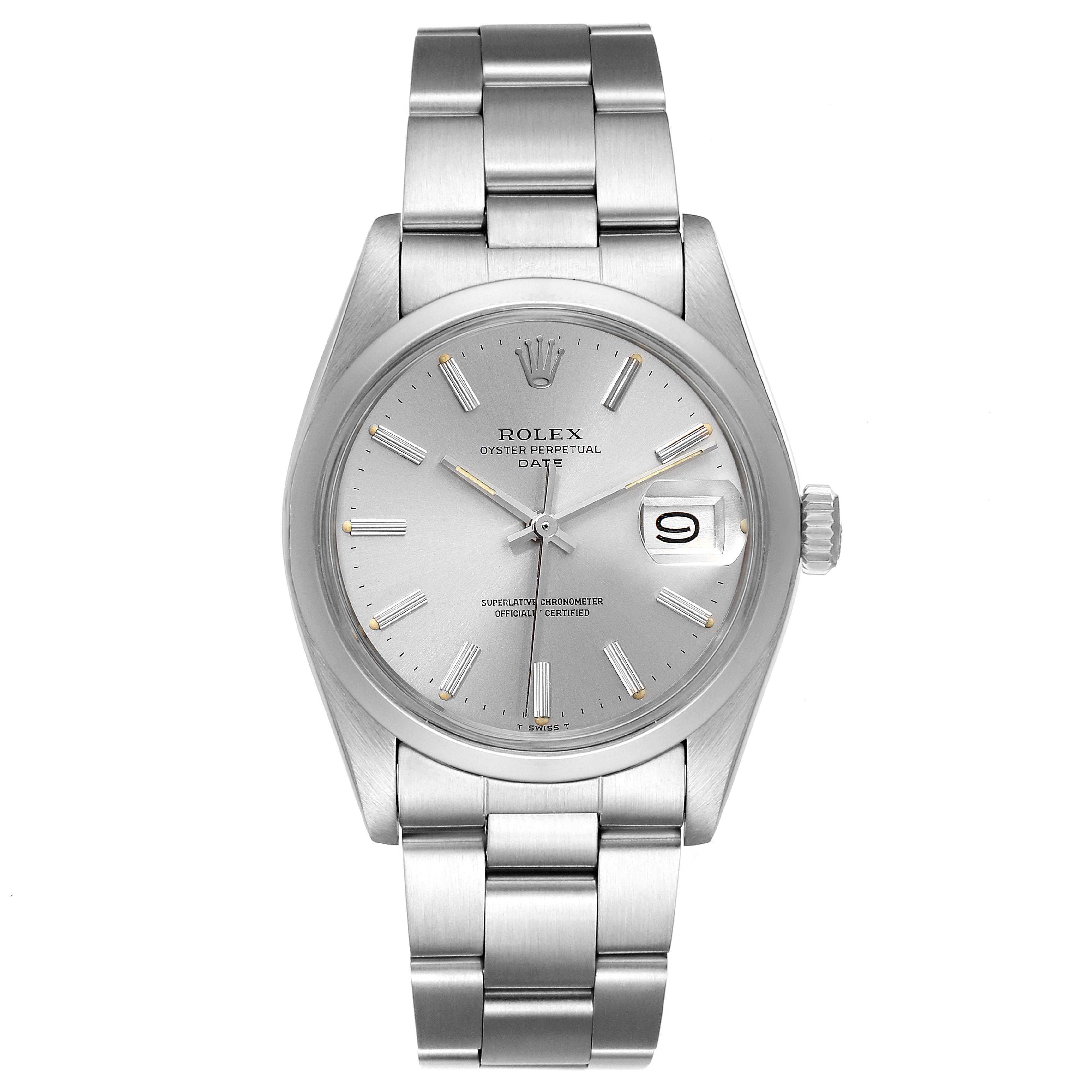 The image shows a frontal view of a Rolex Vintage Collection 1500 Men's Stainless Steel Silver Dial 1500 Men's Stainless Steel Silver Dial model, displaying the watch face, bracelet, and date magnifier.