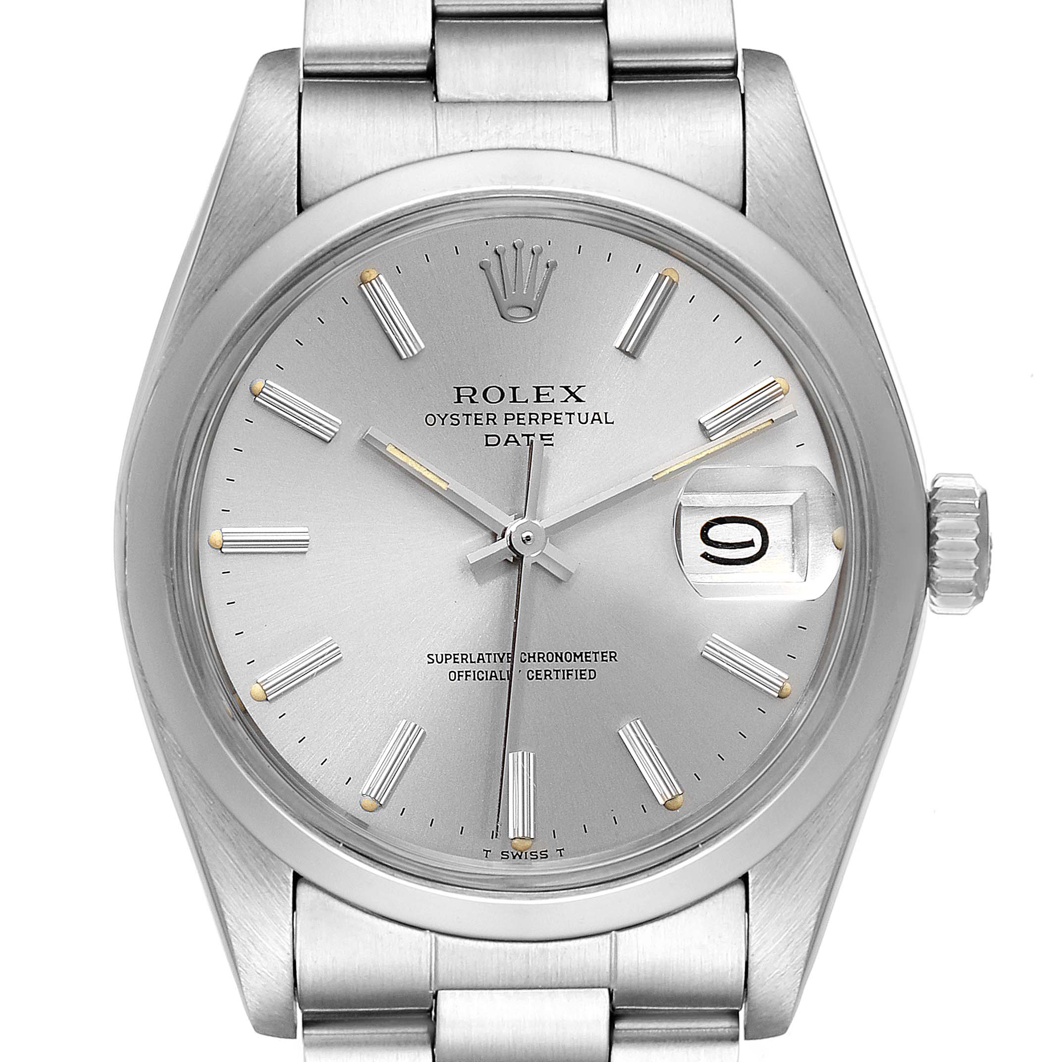 This image shows a close-up, front view of the Rolex Vintage Collection 1500 Men's Stainless Steel Silver Dial 1500 Men's Stainless Steel Silver Dial Oyster Perpetual Date watch face and bracelet.