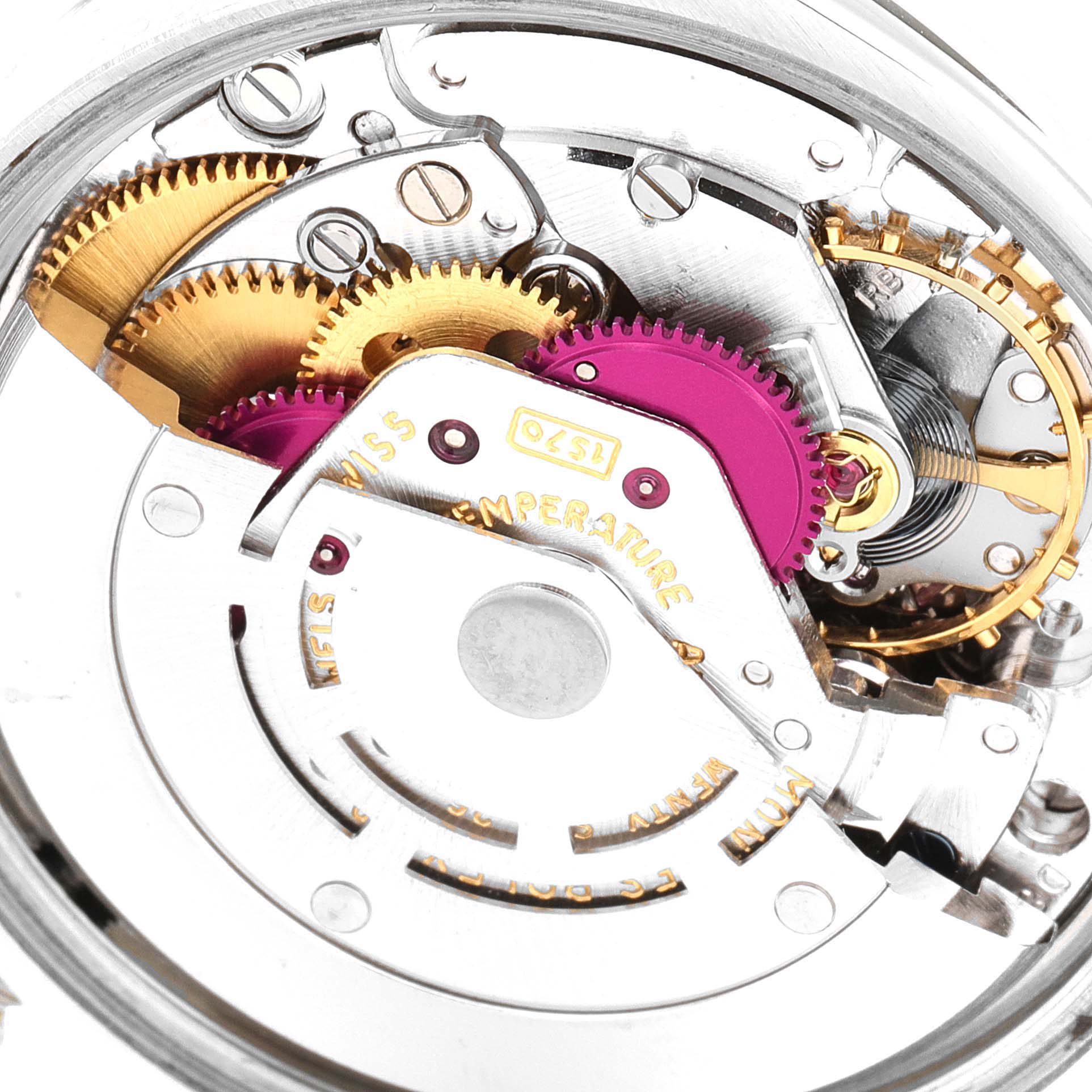 This is a close-up view of the internal mechanism of a Vintage Collection model by Rolex, showing gears and components.