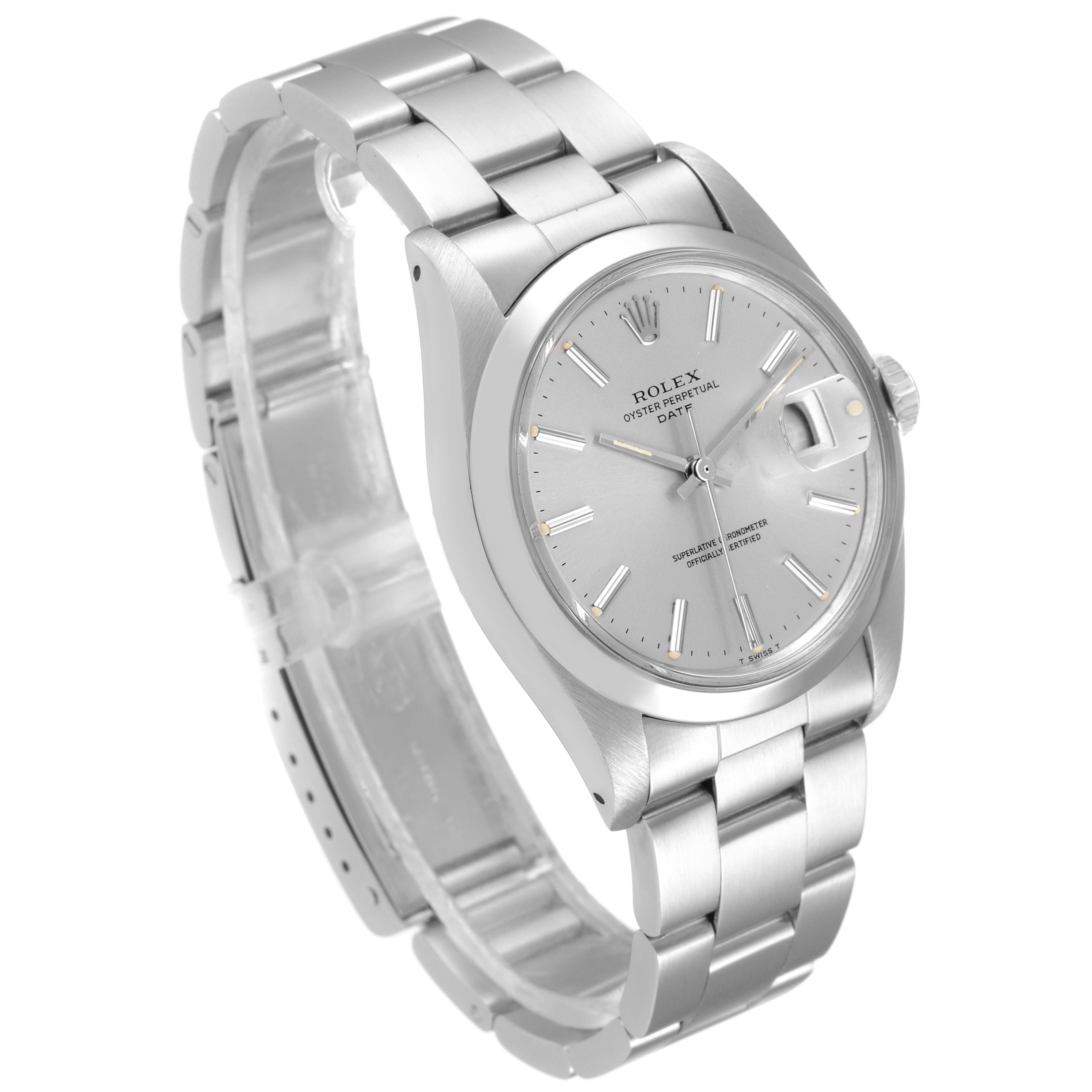 The image shows a side and angled view of the Rolex Vintage Collection 1500 Men's Stainless Steel Silver Dial 1500 Men's Stainless Steel Silver Dial watch, highlighting its bracelet, dial, and clasp.