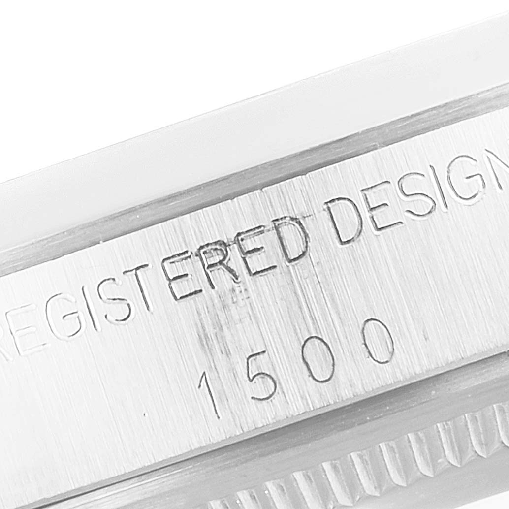 This image shows a close-up of the side of a Rolex Vintage Collection 1500 Men's Stainless Steel Silver Dial 1500 Men's Stainless Steel Silver Dial model watch, highlighting the model number "1500".