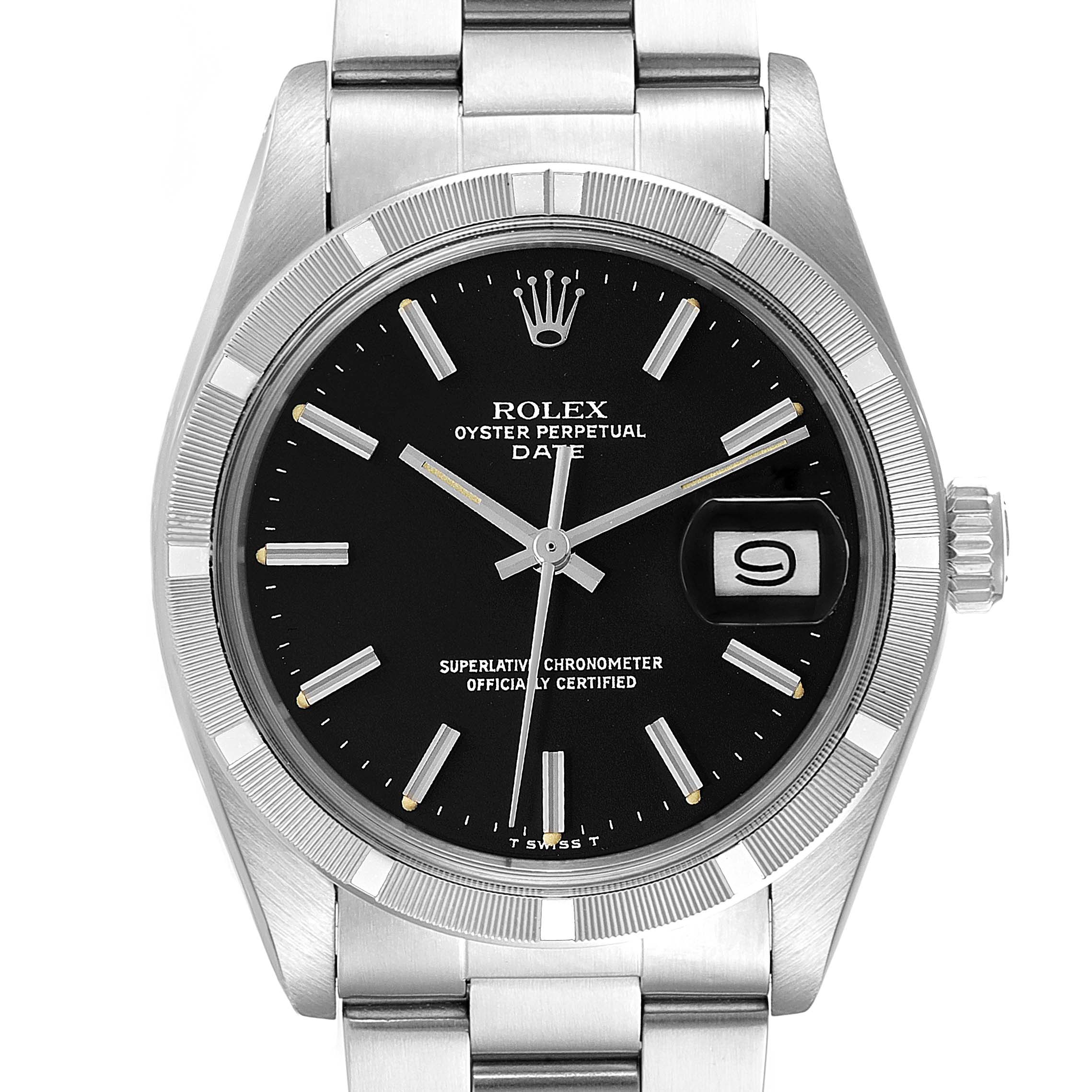 This image shows a front view of a Rolex Vintage Collection 1501 Men
s Stainless Steel Black Dial 1501 Men
s Stainless Steel Black Dial model watch, highlighting the face, bezel, and bracelet.