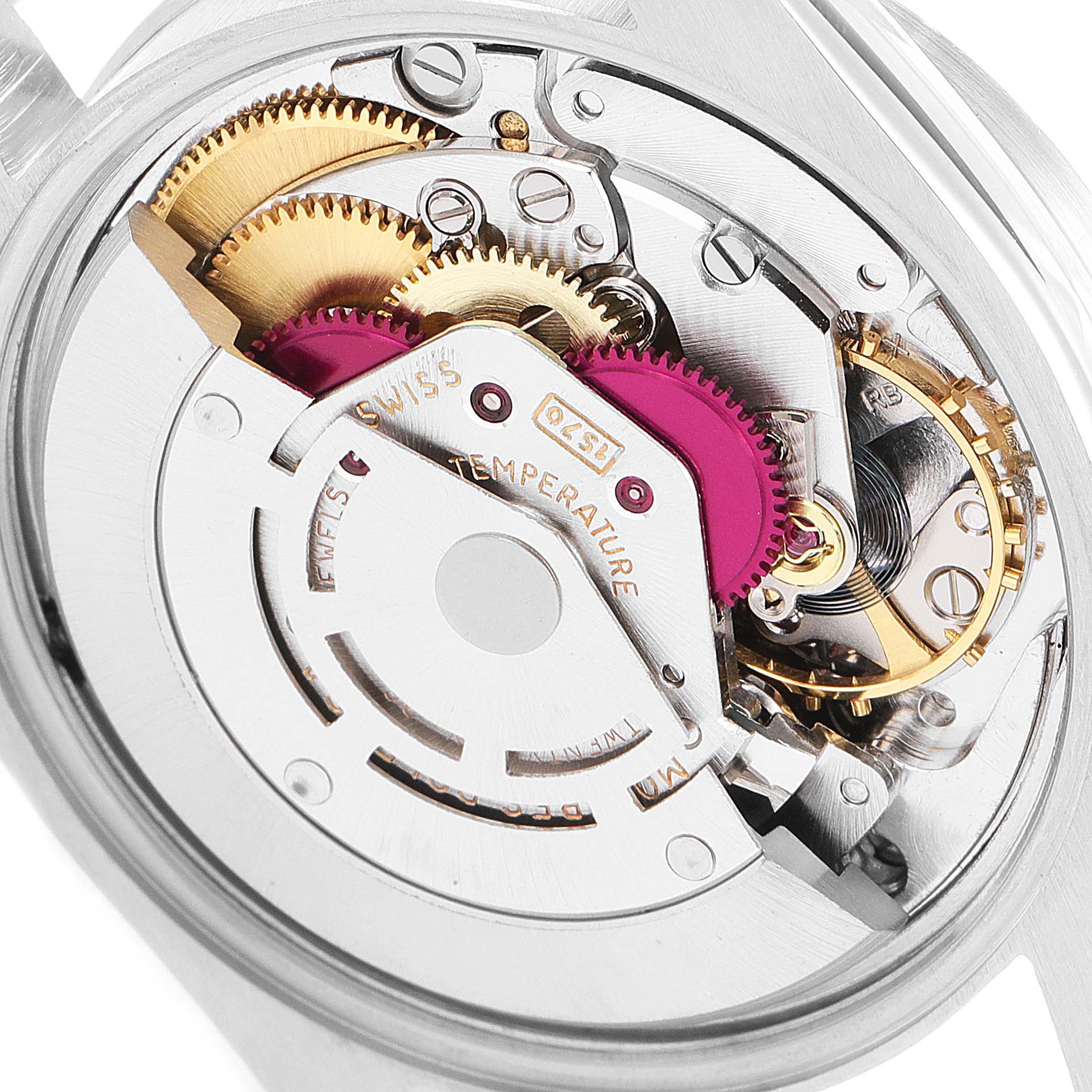 The image shows the internal mechanism of a Rolex Vintage Collection 1501 Men
s Stainless Steel Black Dial 1501 Men
s Stainless Steel Black Dial watch, highlighting the gears and intricate parts from a close-up angle.